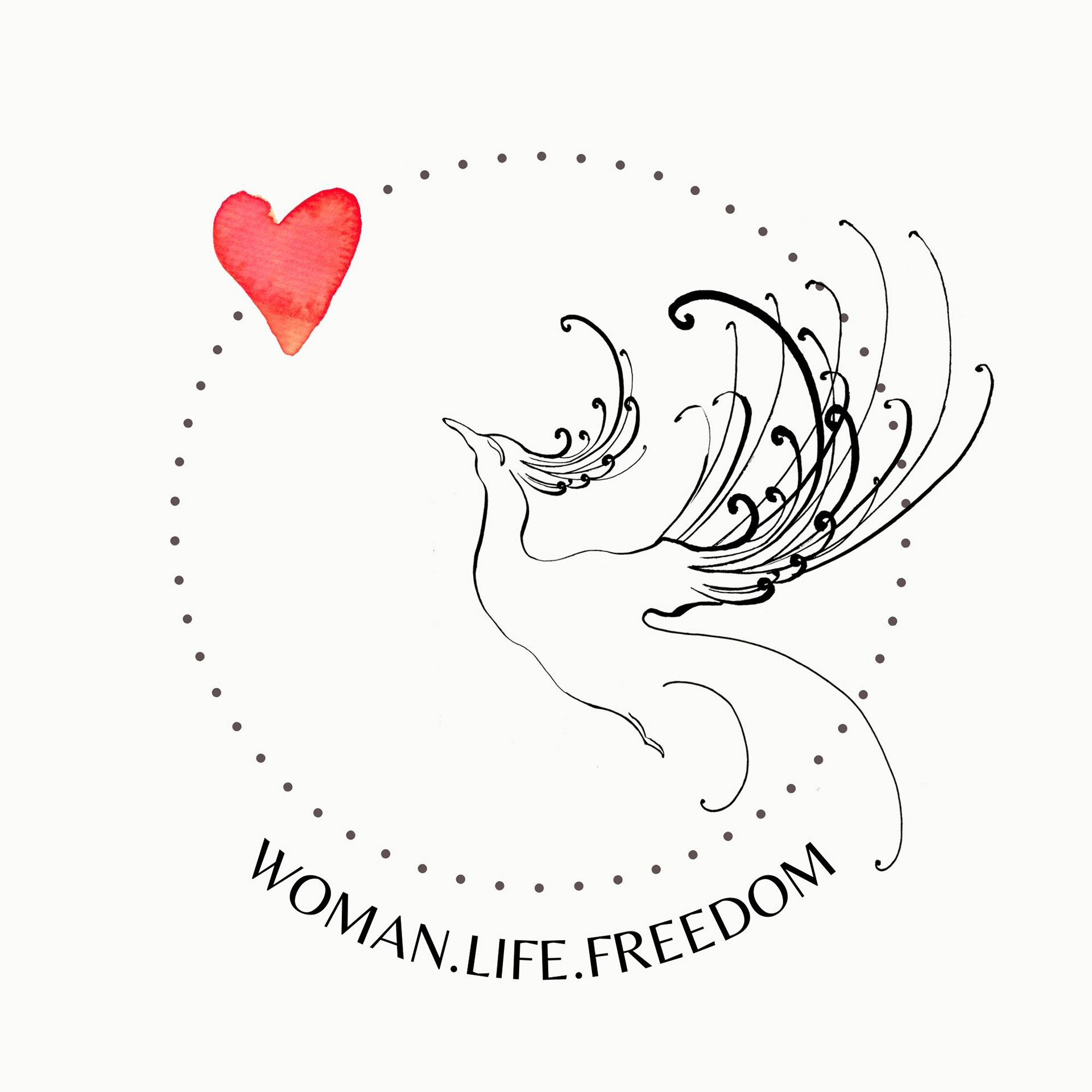 The artwork depicts a Simorgh, a Persian mythological bird in black line-work. The bird is flying inside a dotted circle towards a red heart illustration. On the bottom of the circle reads in English woman life freedom.