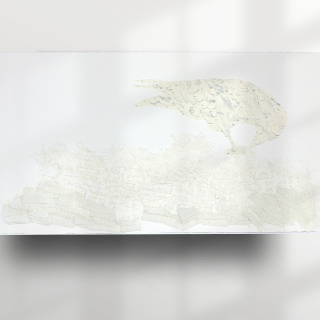 Full view of 'A Seaside Whisper.' A bird-shaped fabric cut-out with delicate inscriptions of a Persian poem rests gracefully above a backdrop of white cotton fabric ripples and torn handmade paper.