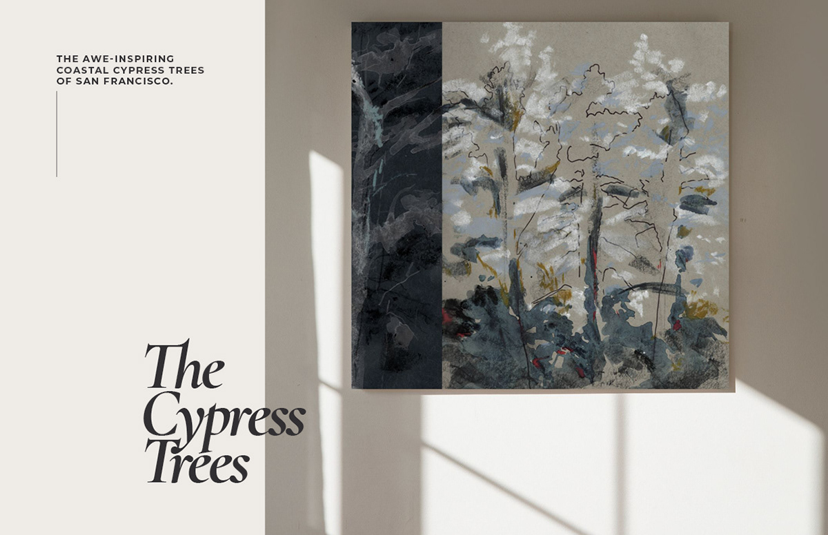 Hanging textile wall art: vibrant cypress tree illustration with sunlight filtering through branches. Colors range from silvery teals to deep indigo, with warm sienna red accents