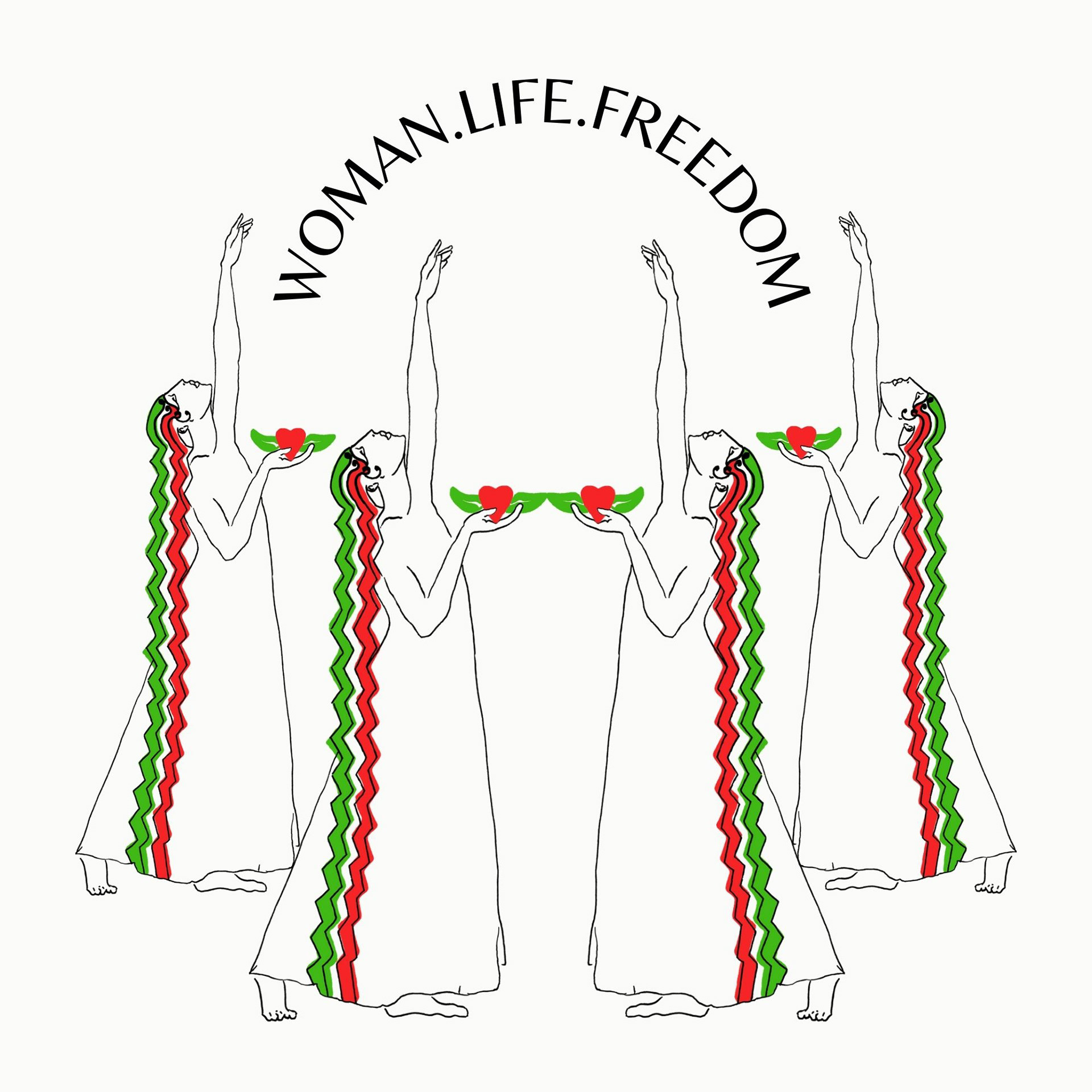 The artwork depicts four women rising on bare feet, with their hair styled in triangles of red, green, and white, representing the colors of the Iranian flag. In their hand, they hold a heart with leaves growing from it. their other arms are raised towards up showing an arch text in English texts that read “Woman Life Freedom.”
