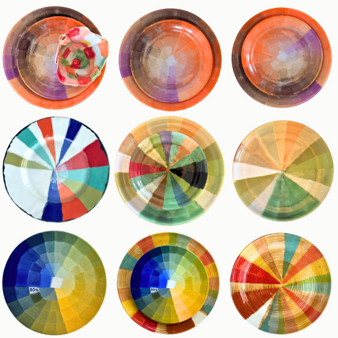 collage of 9 ceramic plates arranged in a vibrant color block formation. The colors transition from shades of orange to purple, resulting in a visually striking arrangement.