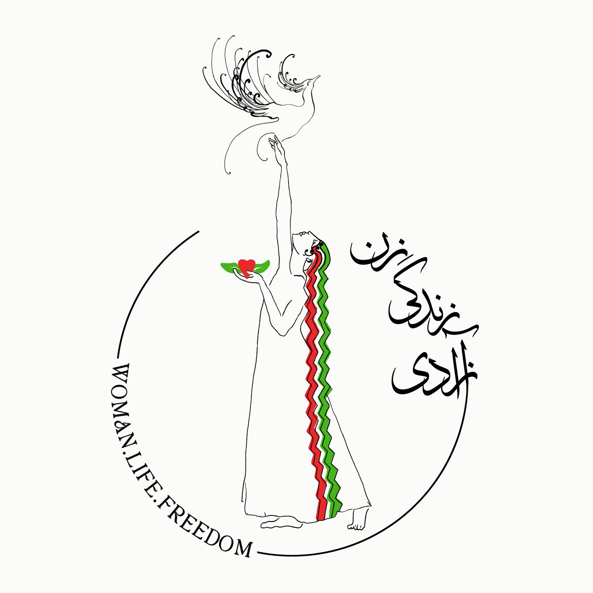 The artwork depicts a woman rising on bare feet, with her hair styled in triangles of red, green, and white, representing the colors of the Iranian flag. In her hand, she holds a heart with leaves growing from it. Her other arm is raised towards a Simorgh, a Persian mythological bird. Surrounding the woman, there are Persian and English texts in a circular design that read “Woman Life Freedom.”