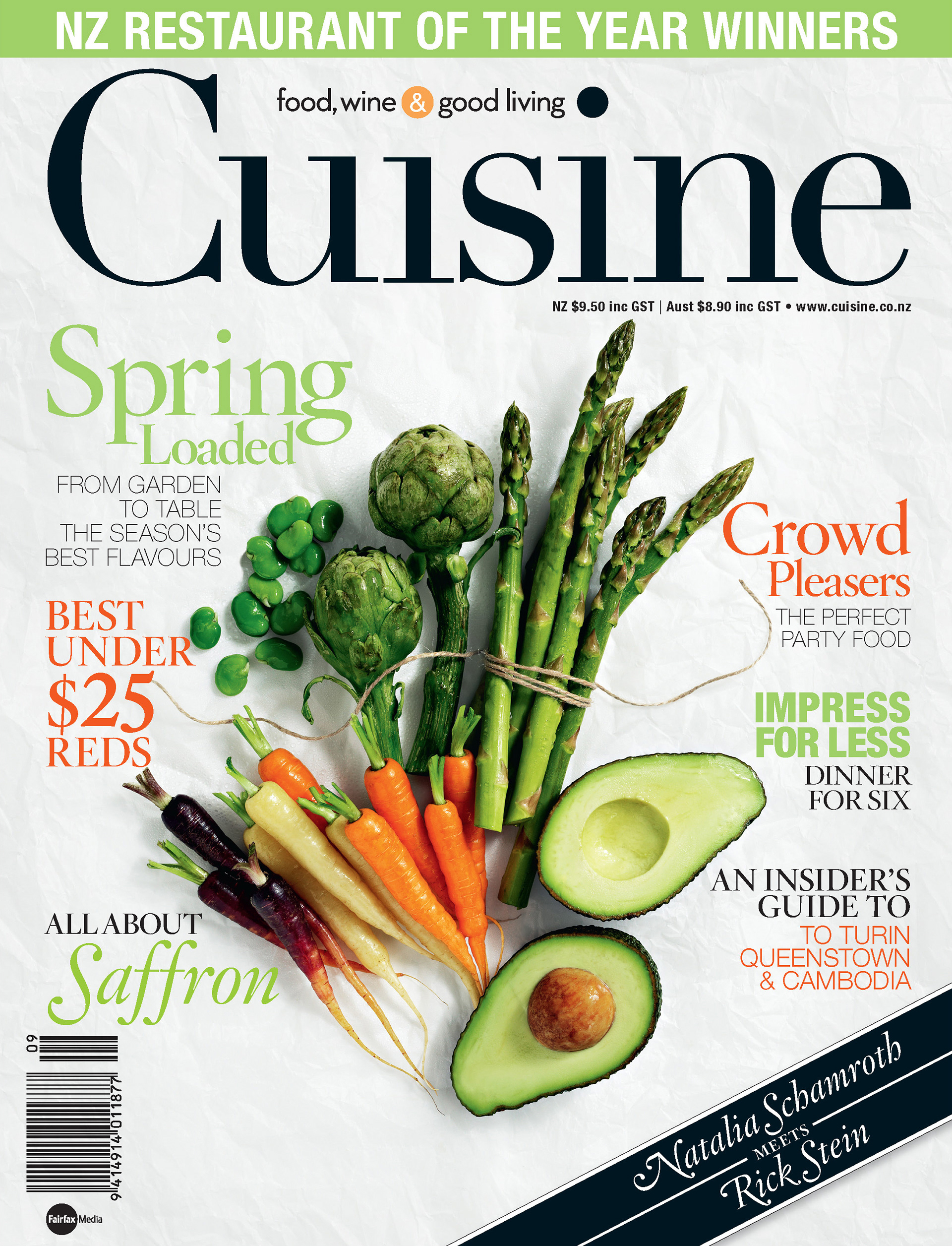 Cuisine magazine cover, Spring produce feature with asparagus, artichokes and avocado, creative direction by Jo Farrimond