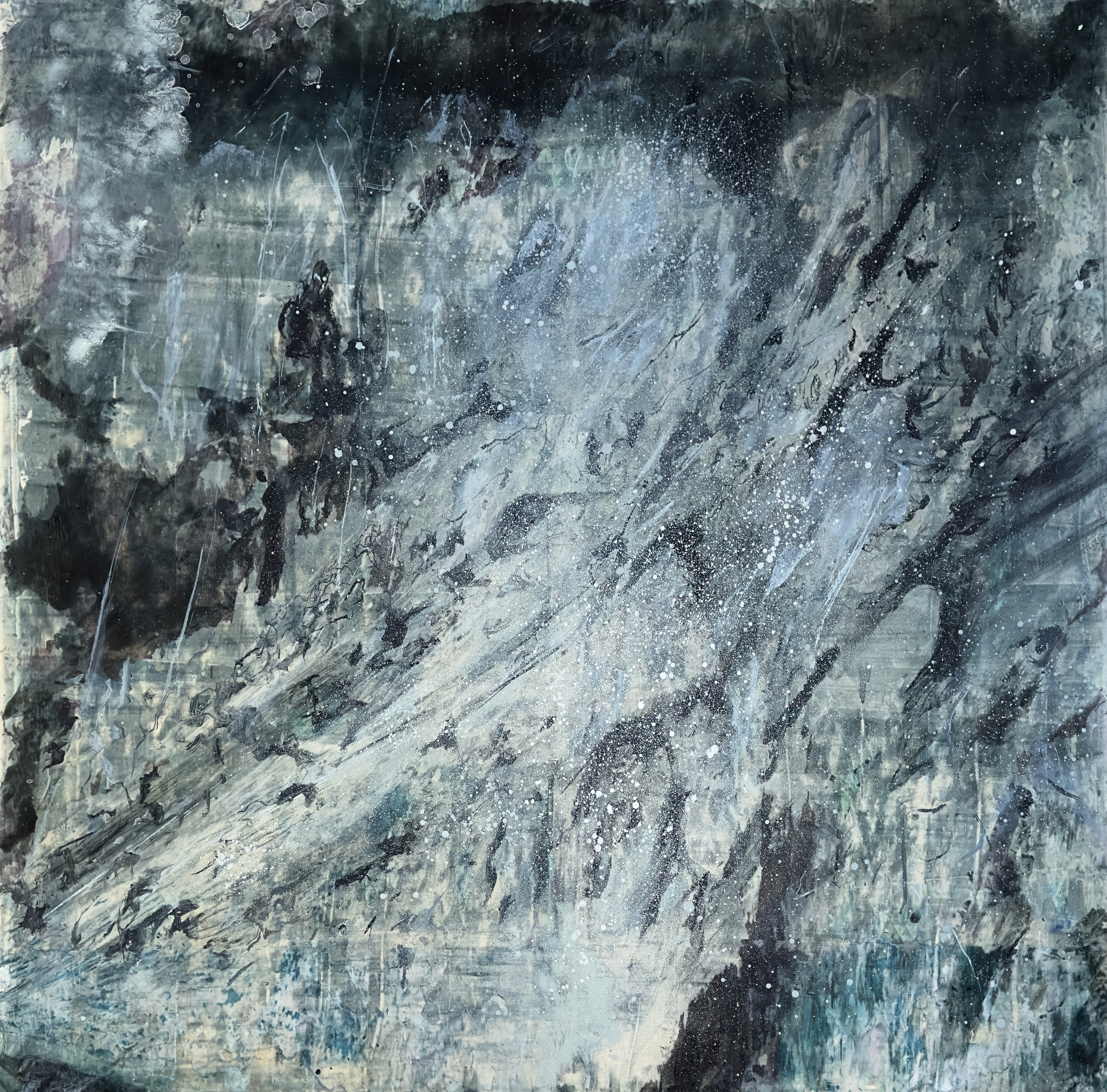 X Oil and image transfer on canvas 114cm x 113cm