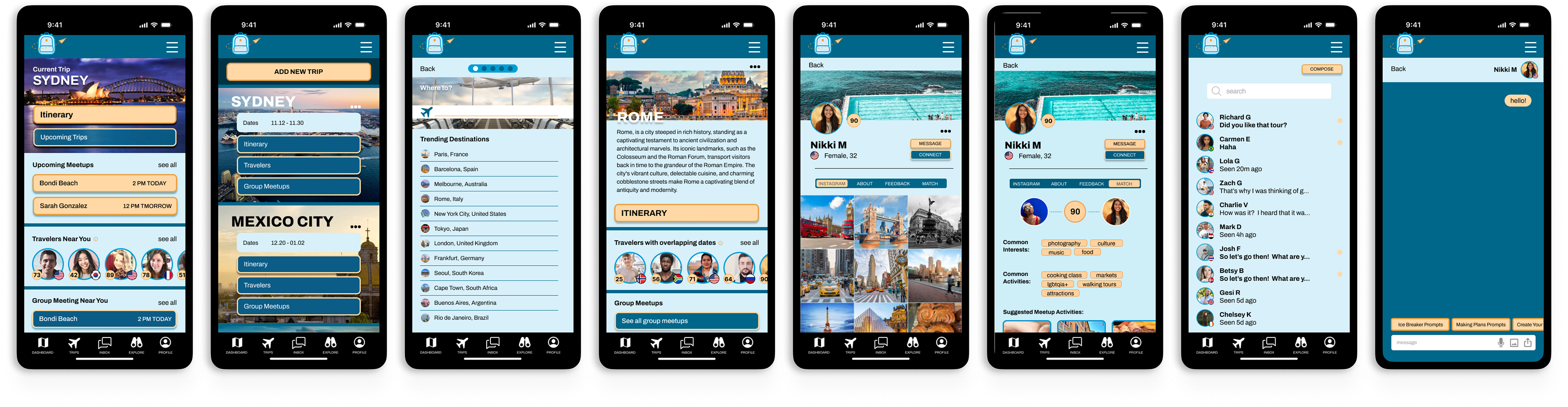 8 phone screens depicting different screens of the app in high fidelity