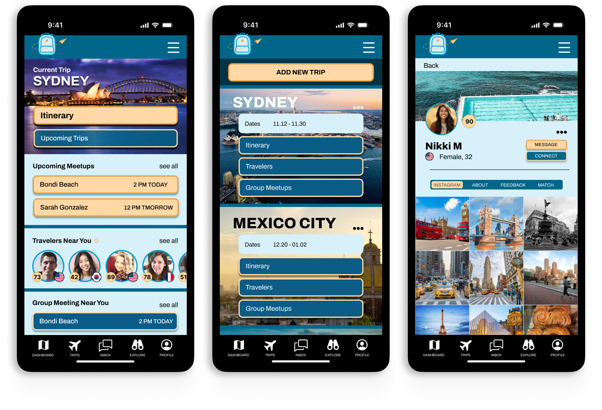 Three phones showcasing the app Dashboard, Trip Page and Profile Page