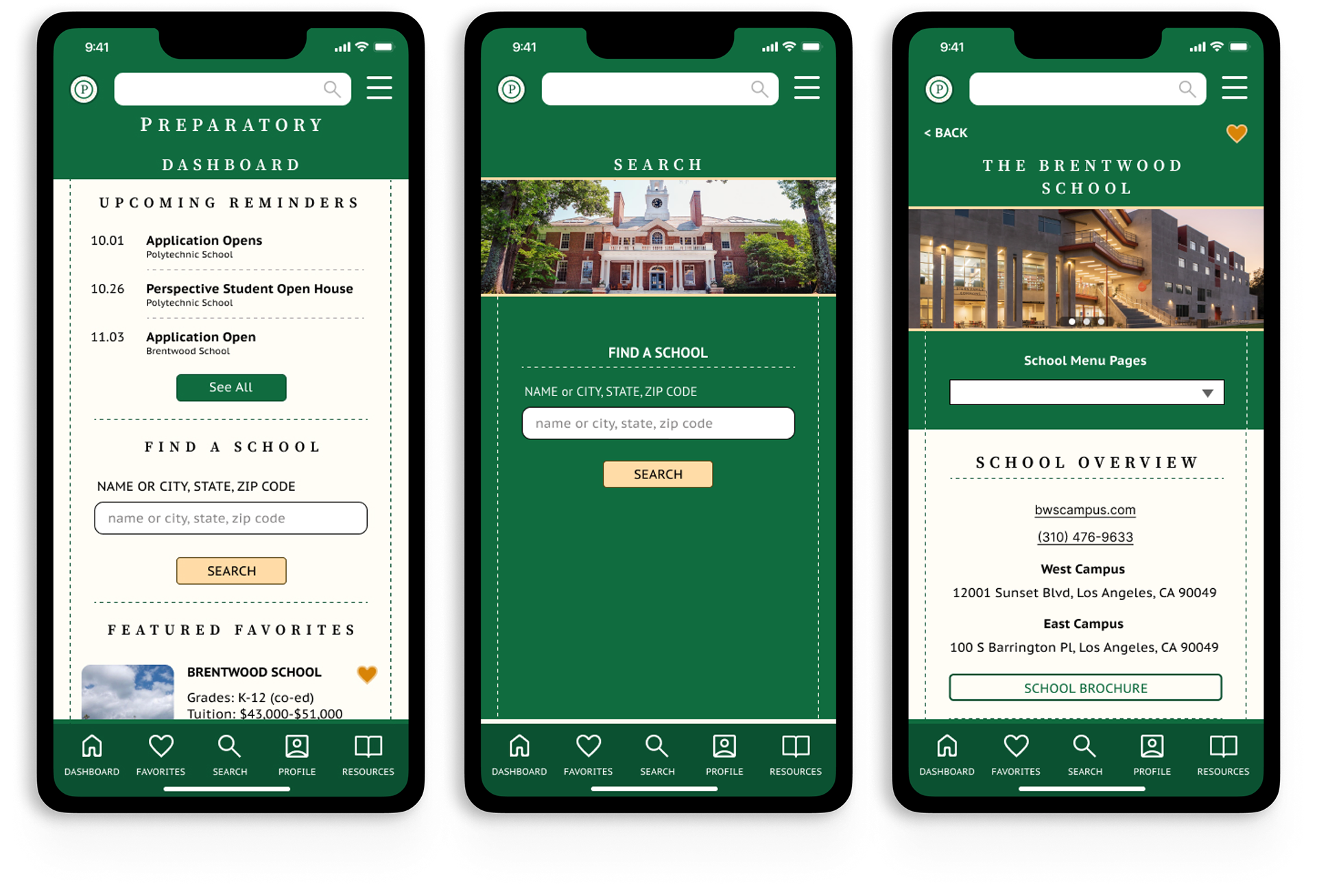 Three phones showcasing the app Dashboard, Search Page and School Page