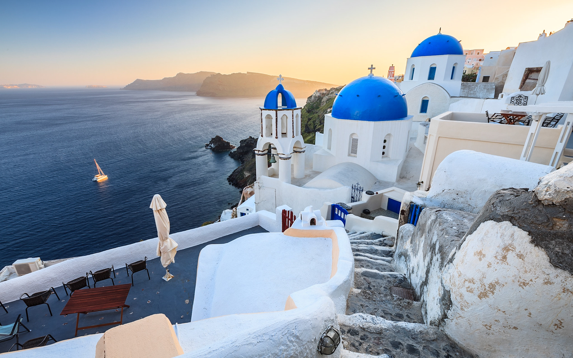 Santorini Blue-Domed Churches at Sunset III