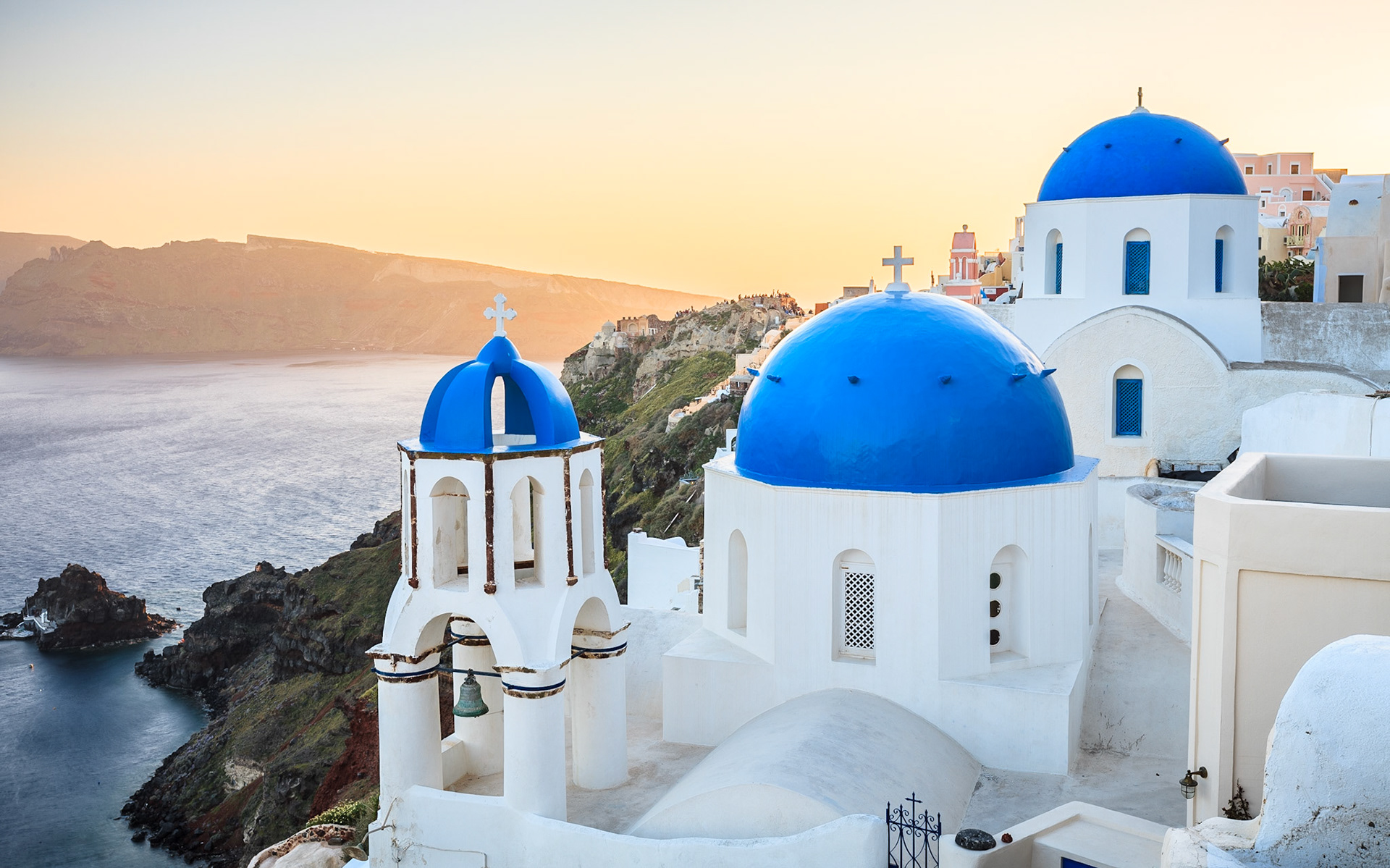 Santorini Blue-Domed Churches at Sunset IV