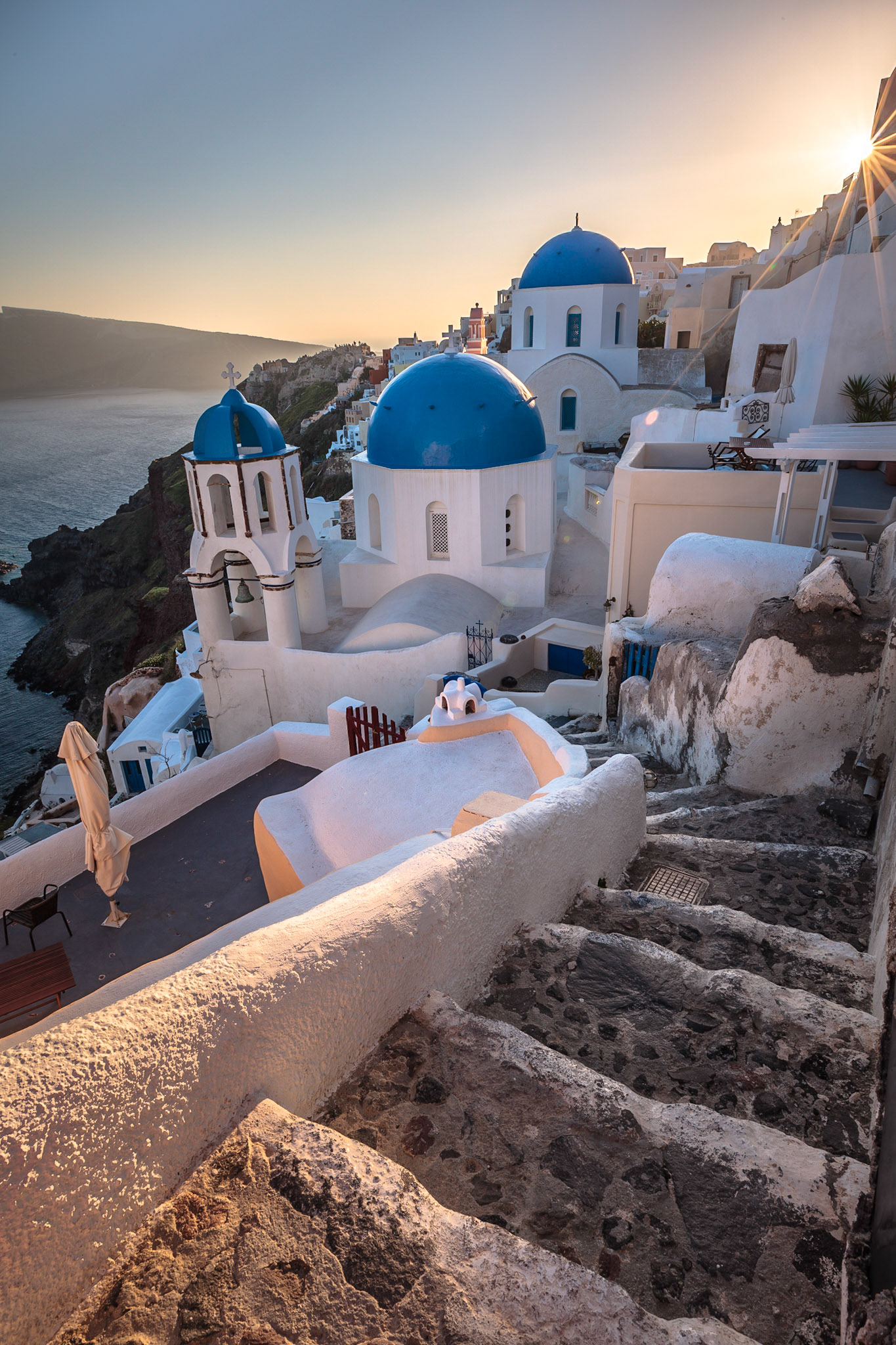 Santorini Blue-Domed Churches at Sunset