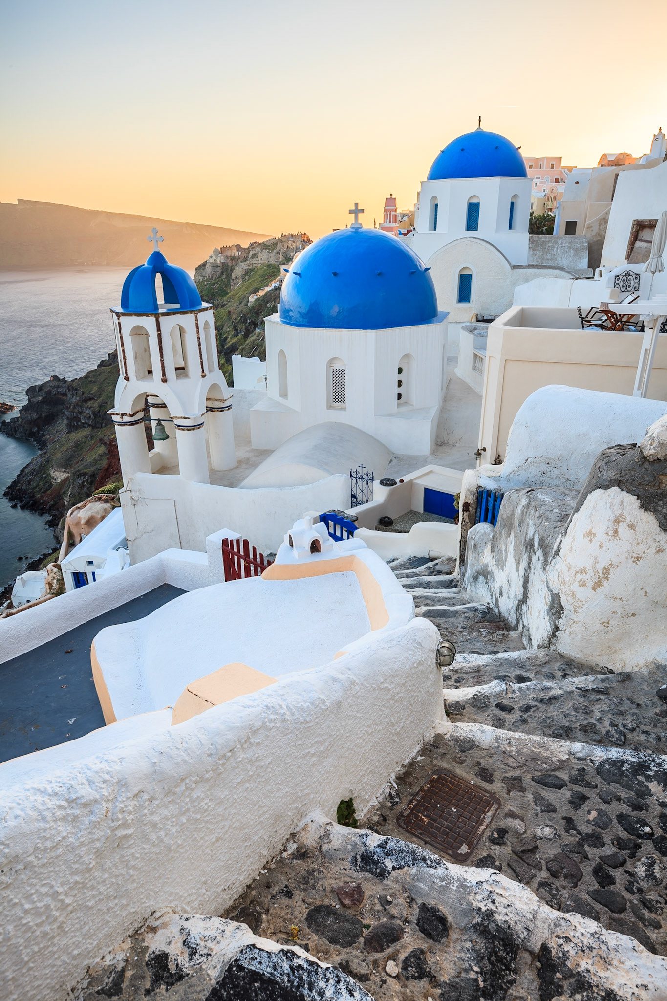 Santorini Blue-Domed Churches at Sunset V