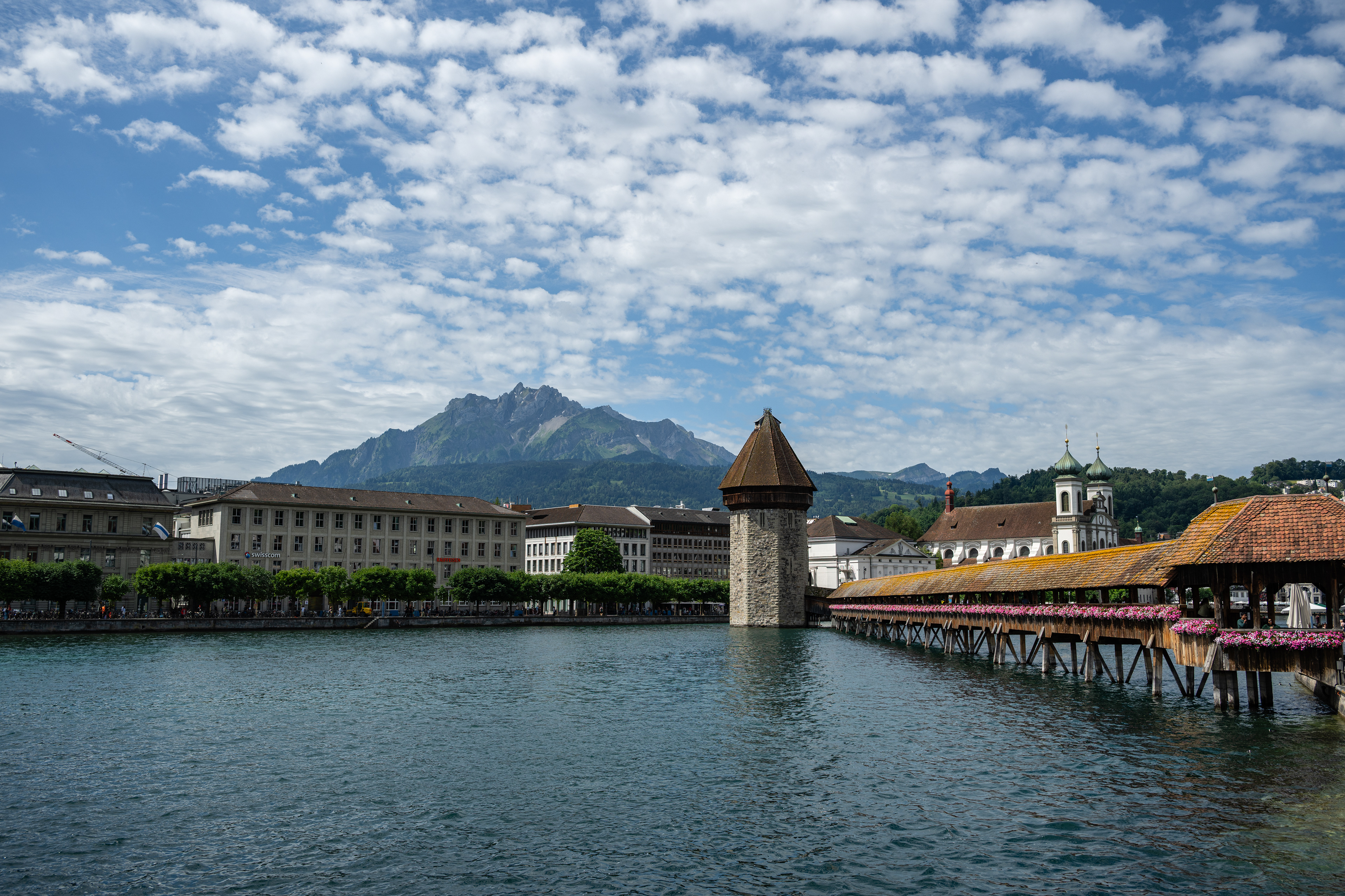 Chapel Bridge, water tower, & Mount Pilatus, Luzern