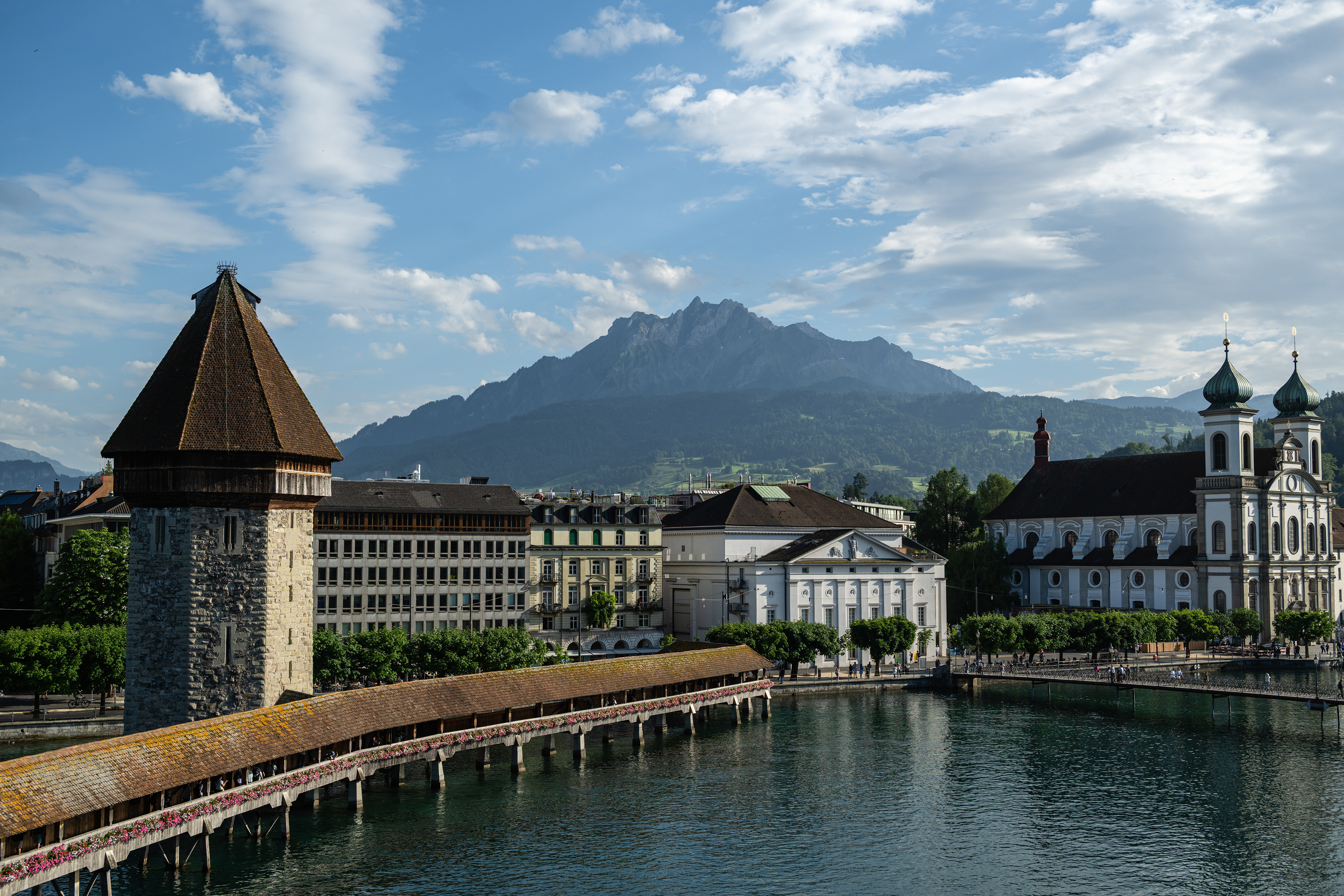 Mount Pilatus, Jesuit church, water tower, & chapel bridge