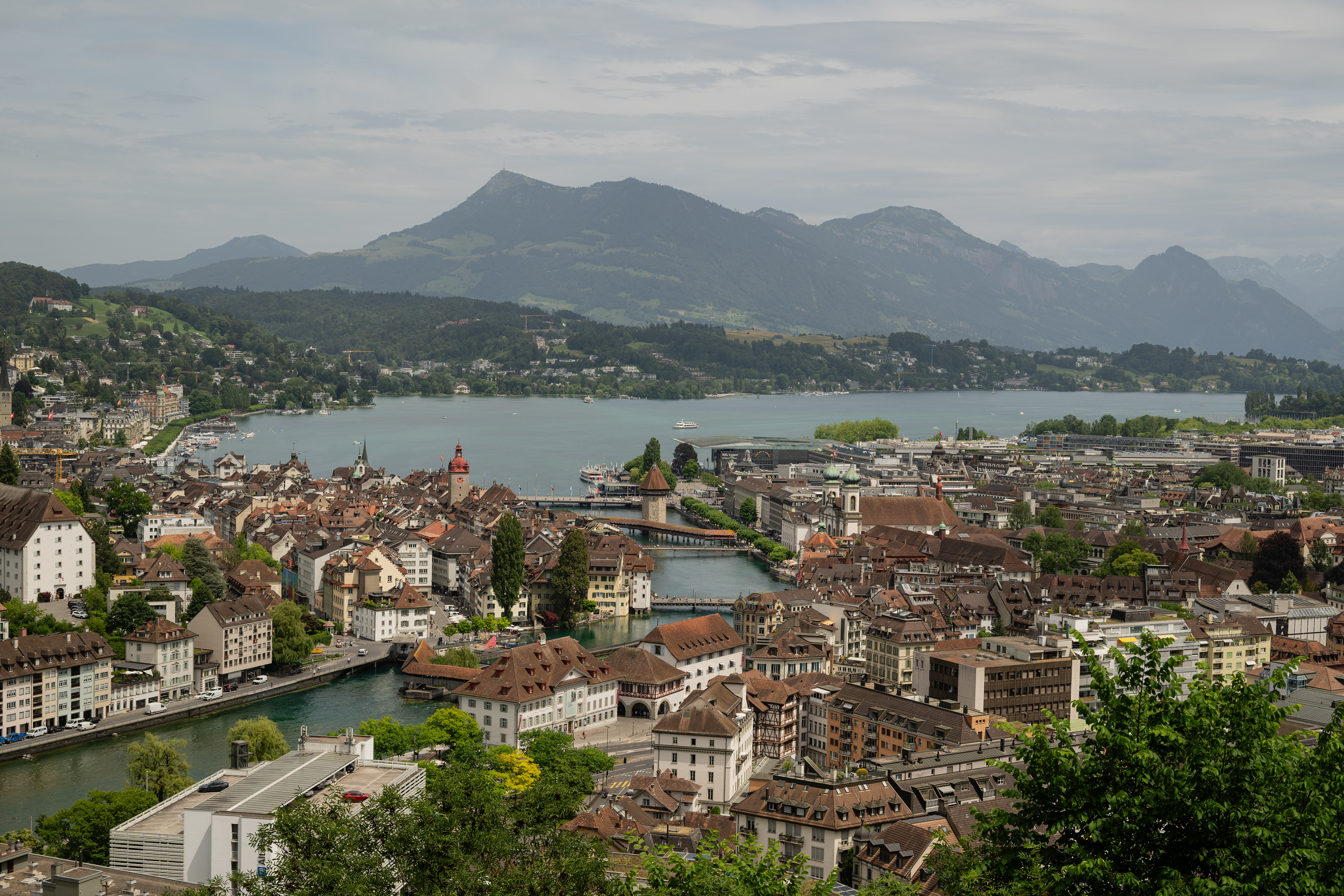 Chapel bridge, water tower, Jesuit Church, & Rathausturm, Luzern
