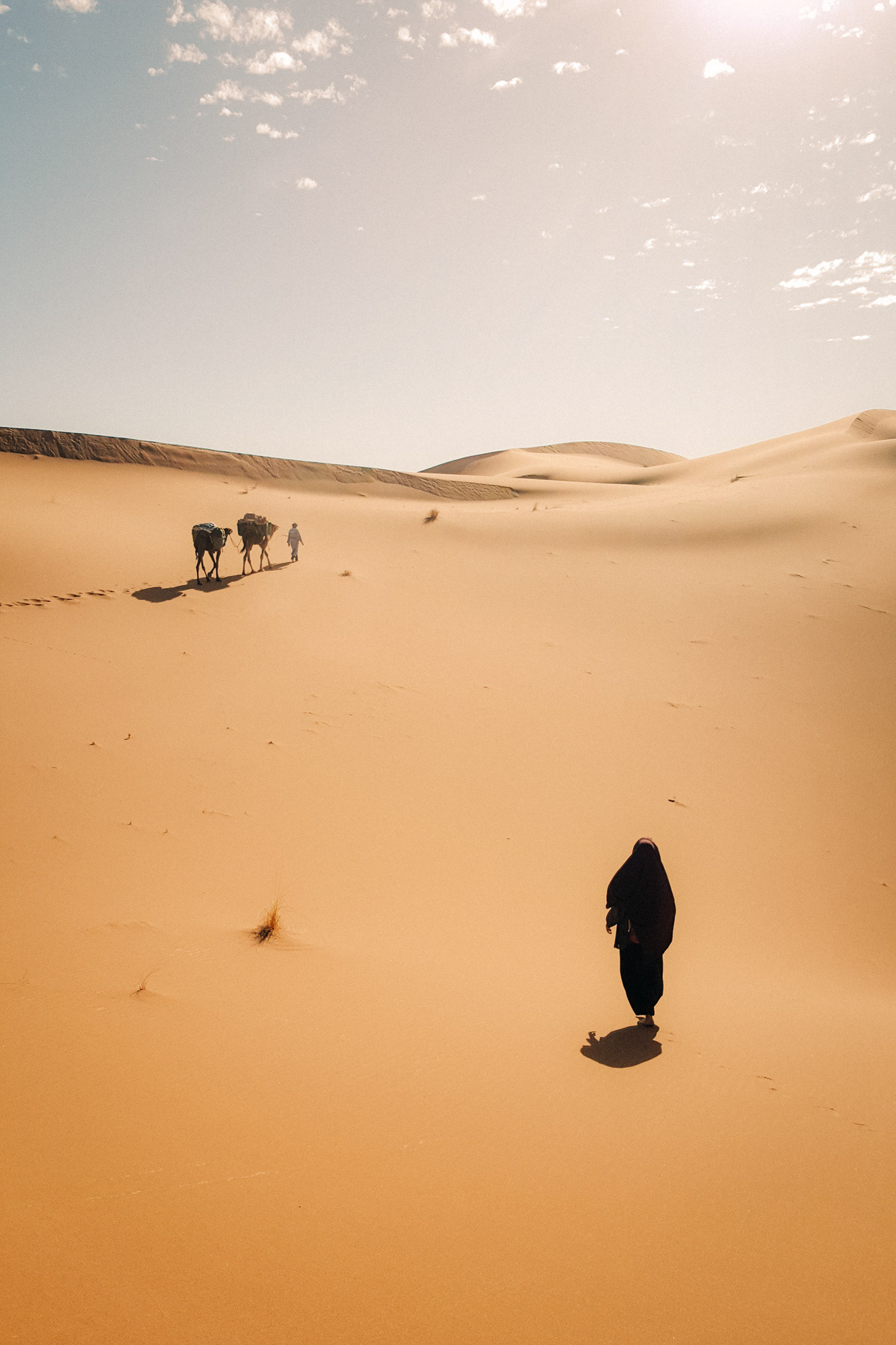 A veiled woman and a man with camels traverse the Sahara desert in the harsh midday sun
