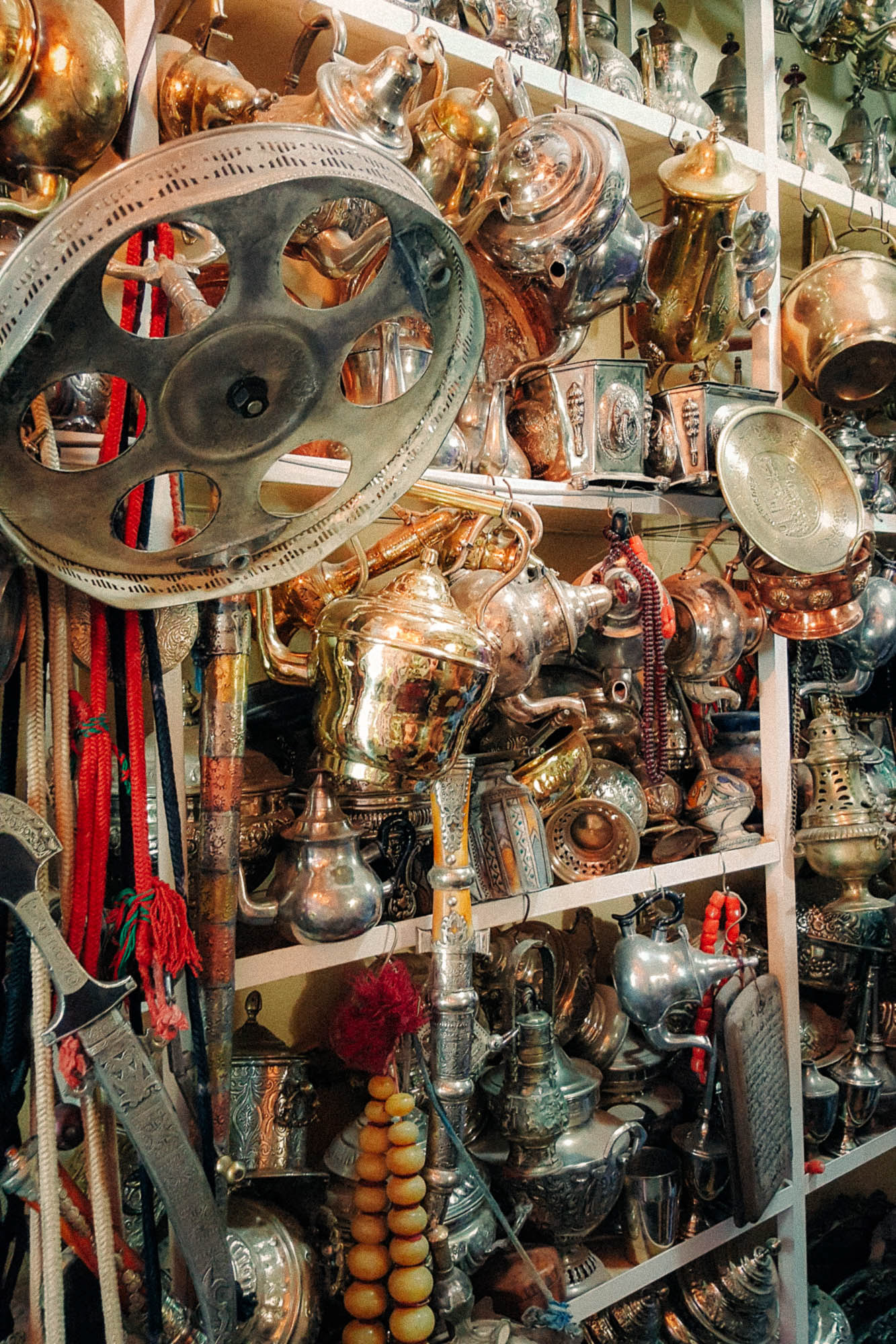 Shelves stuffed with various Moroccan antiques 