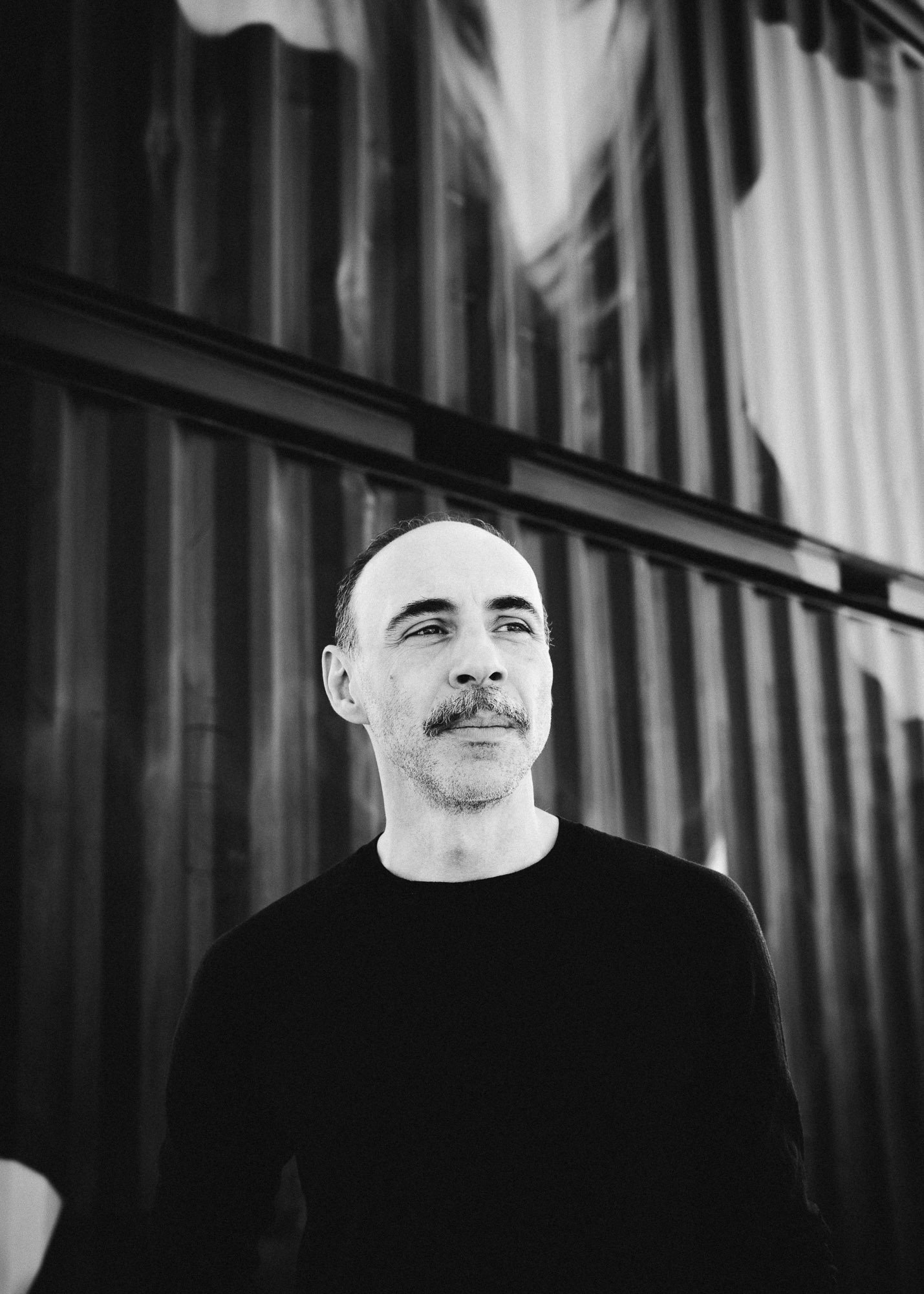 Black and white portrait of actor Floran Tröbinger