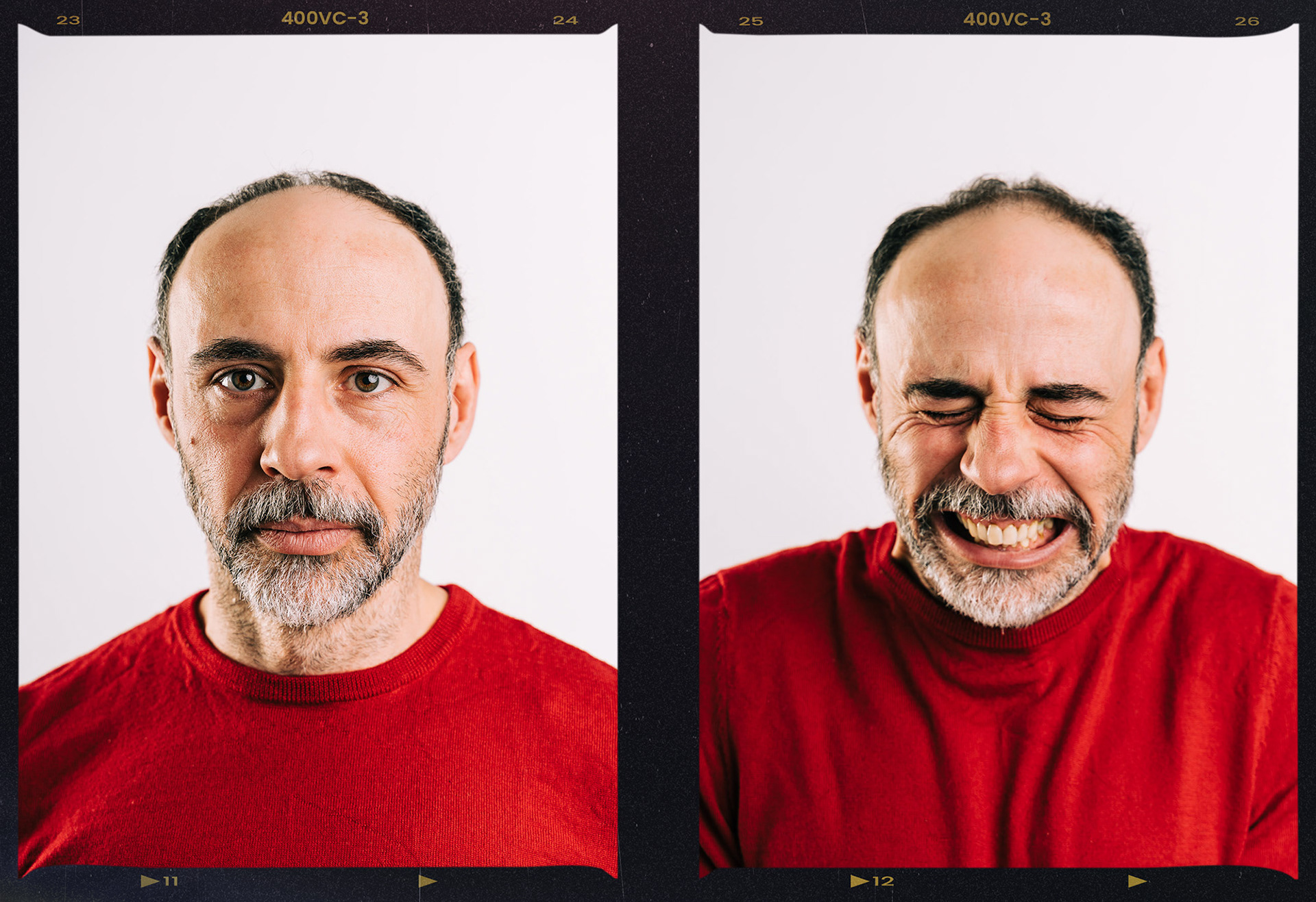 Two portraits of Austrian actor Florian Tröbinger, one with a neutral one with an expressive face