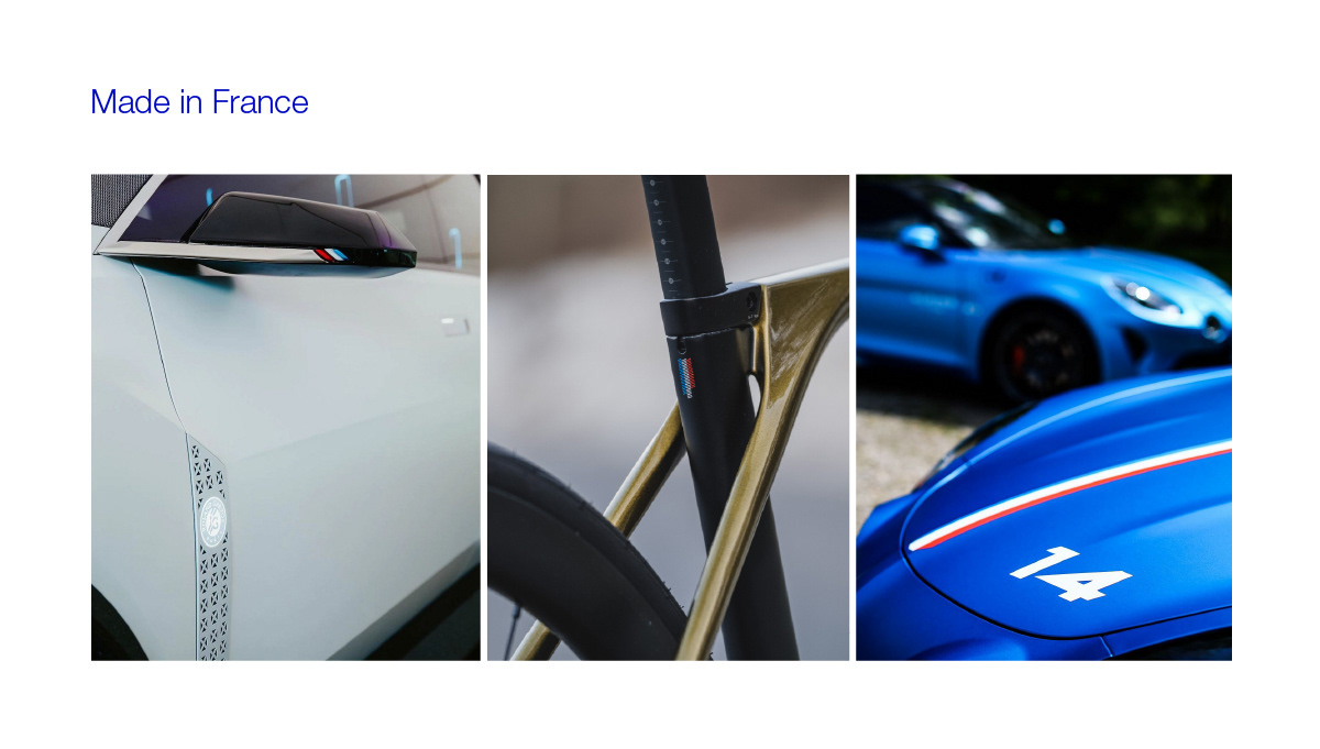 Moodboard illustrant le made in france, ADN de 1432, pour ses manivelles E-bike, designé par le studio de design industriel indigo designs