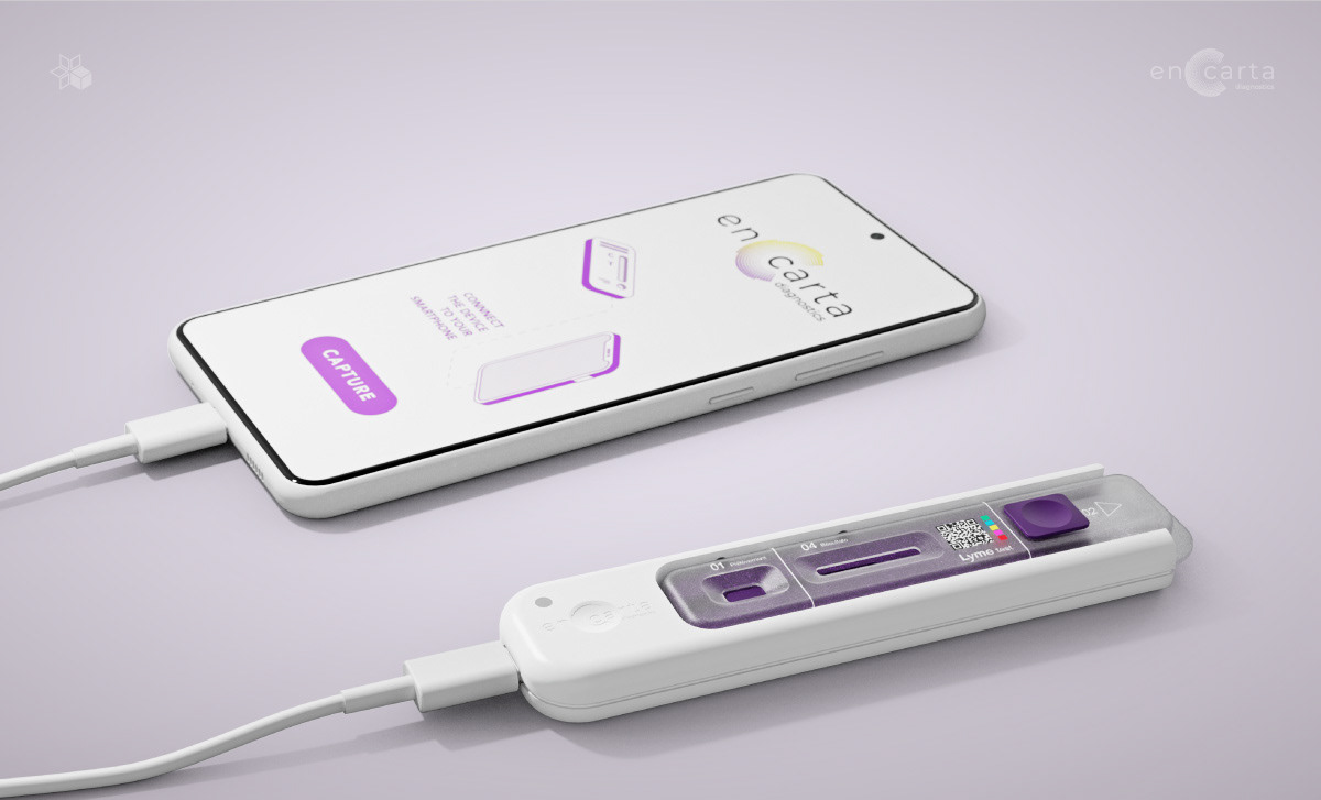 Rendu 3D du dispositif de diagnostic En Carta connecté à un Smartphone, réalisé par le studio de design industriel indigo designs
