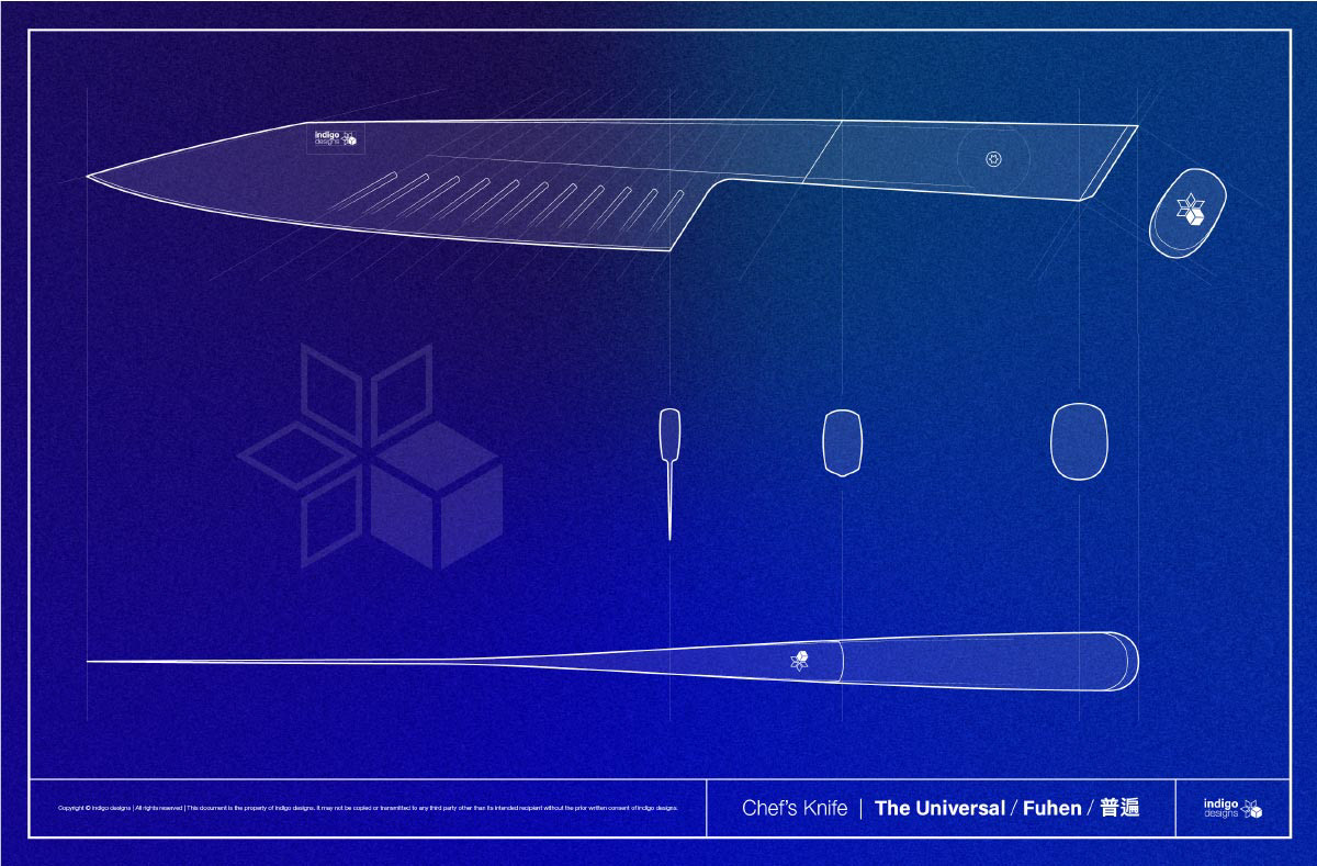 Blueprint du couteau universel désigné par le studio de design industriel indigo designs