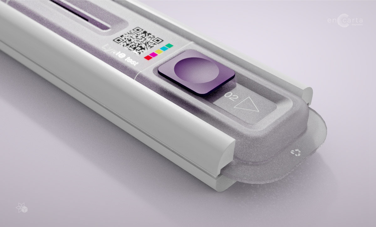 Rendu 3D zoomant sur la zone du bouton du dispositif de diagnostic En Carta, réalisé par le studio de Design industriel indigo designs