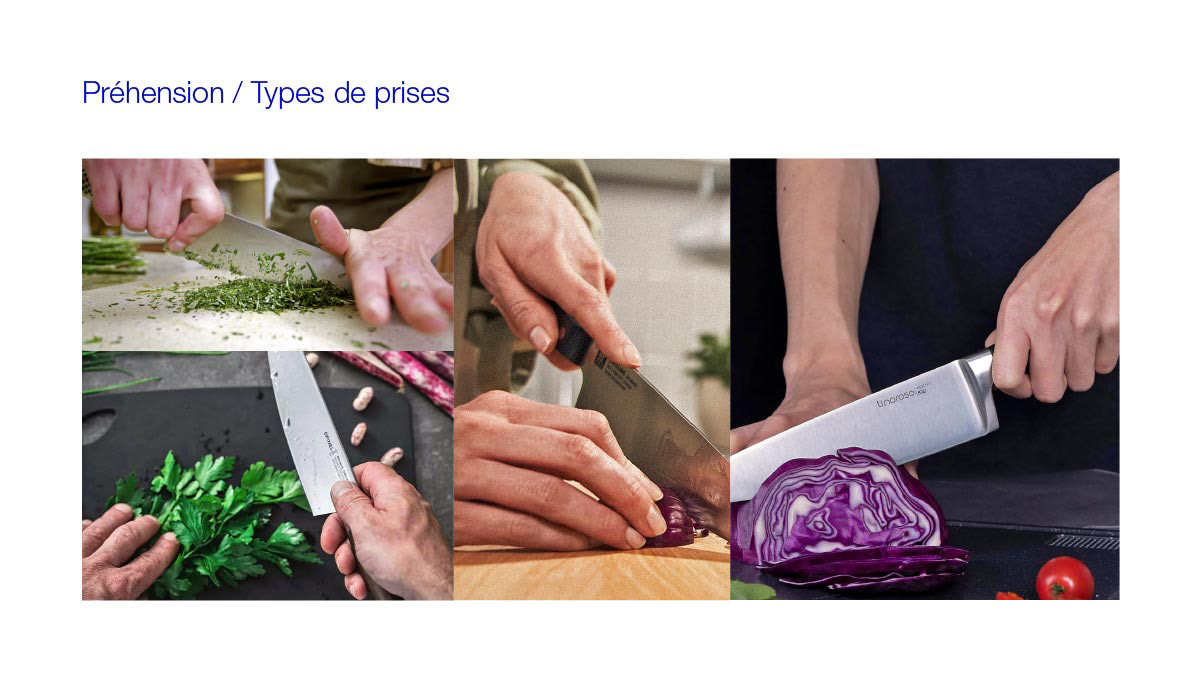 Moodboard illustrant les différentes prises d'un couteau de cuisine, pour le couteau de cuisine universel indigo designs