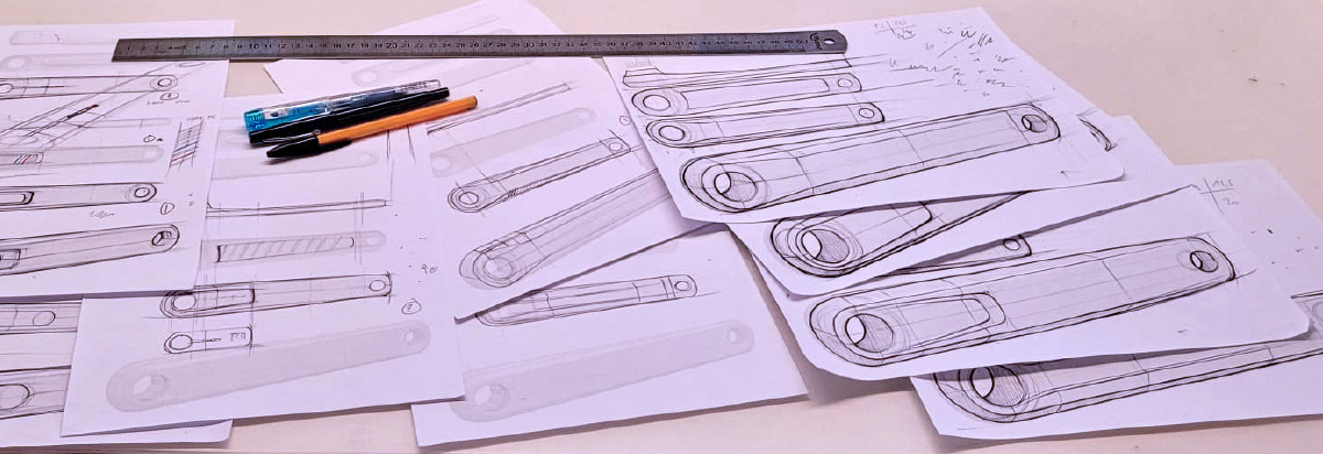 Sketchs d'exploration créative pour les manivelles 1432, réalisés par le studio de designs industriel indigo designs