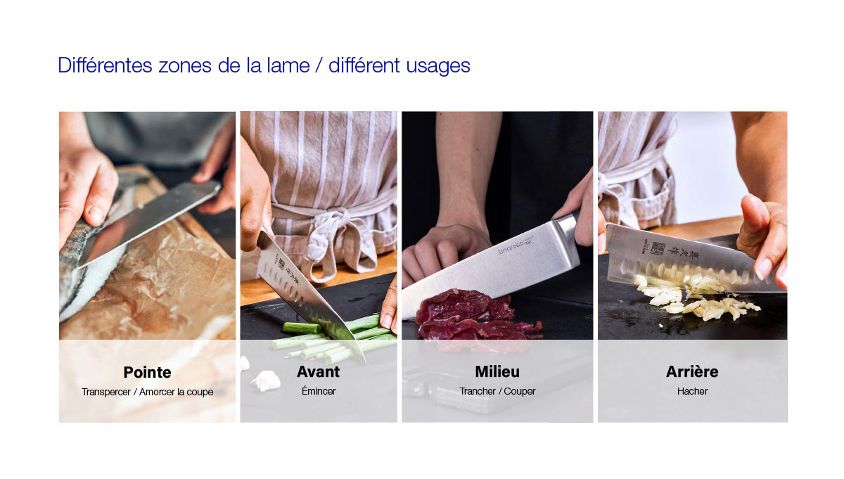 Moodboard illustrant les différentes caractéristiques d'une lame, pour le couteau de cuisine universel indigo designs