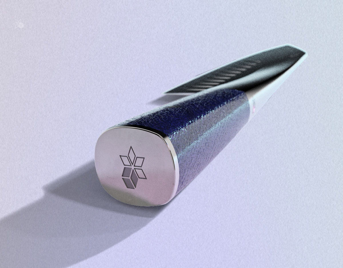 Rendu 3D avec zoom sur le pommeau du couteau universel designé par le studio de design industriel indigo designs
