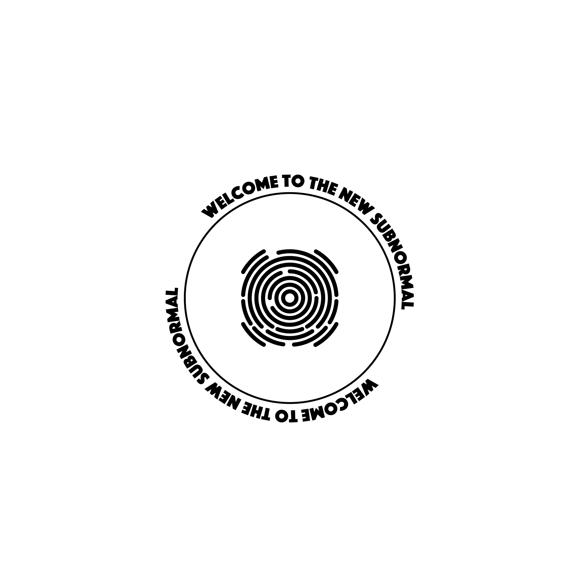 um logo preto com fundo branco, em forma circular. na parte externa do círculo, sobre uma linha fina, figura o texto "welcome to the new subnormal", título do projeto. bem ao centro do círculo aparece um ícone de um labirinto.