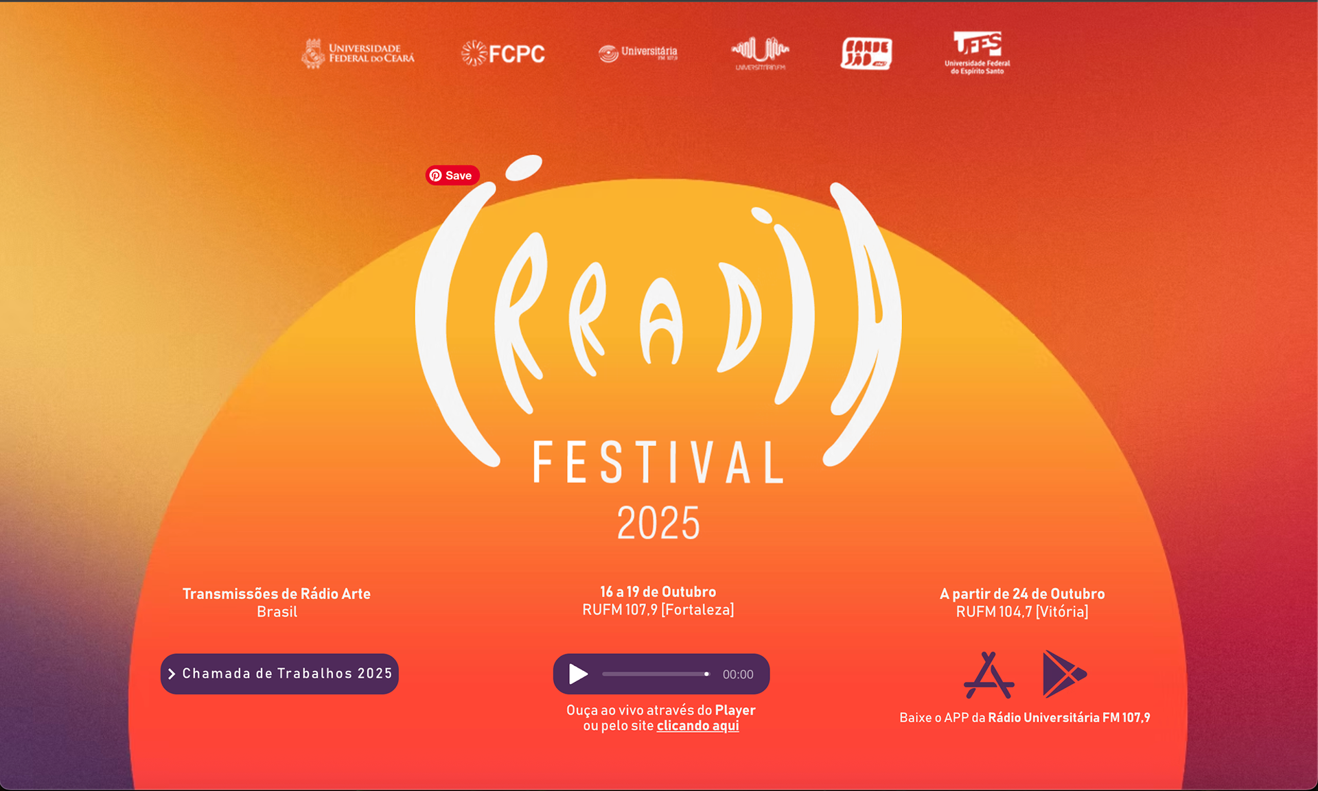 Página inicial do Irradia Festival, que celebra a arte sonora. Ao centro está o logo do festival em um fundo que transita por tons de laranja, com um círculo mais central que simboliza a fonte de irradiação. A página também apresenta links para o streaming das obras e, no topo, a lista de apoiadores. Acesse o site: www.irradiafestival.com