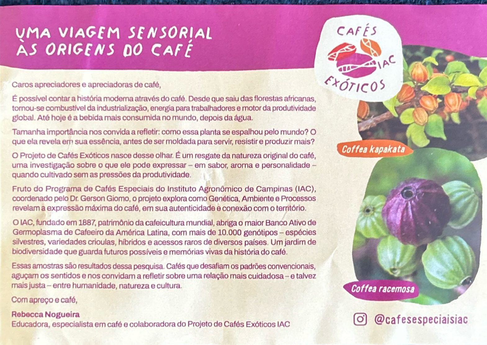 Flyer informativo sobre o Projeto dos Cafés Exóticos do IAC. Imagem utilizada com permissão.