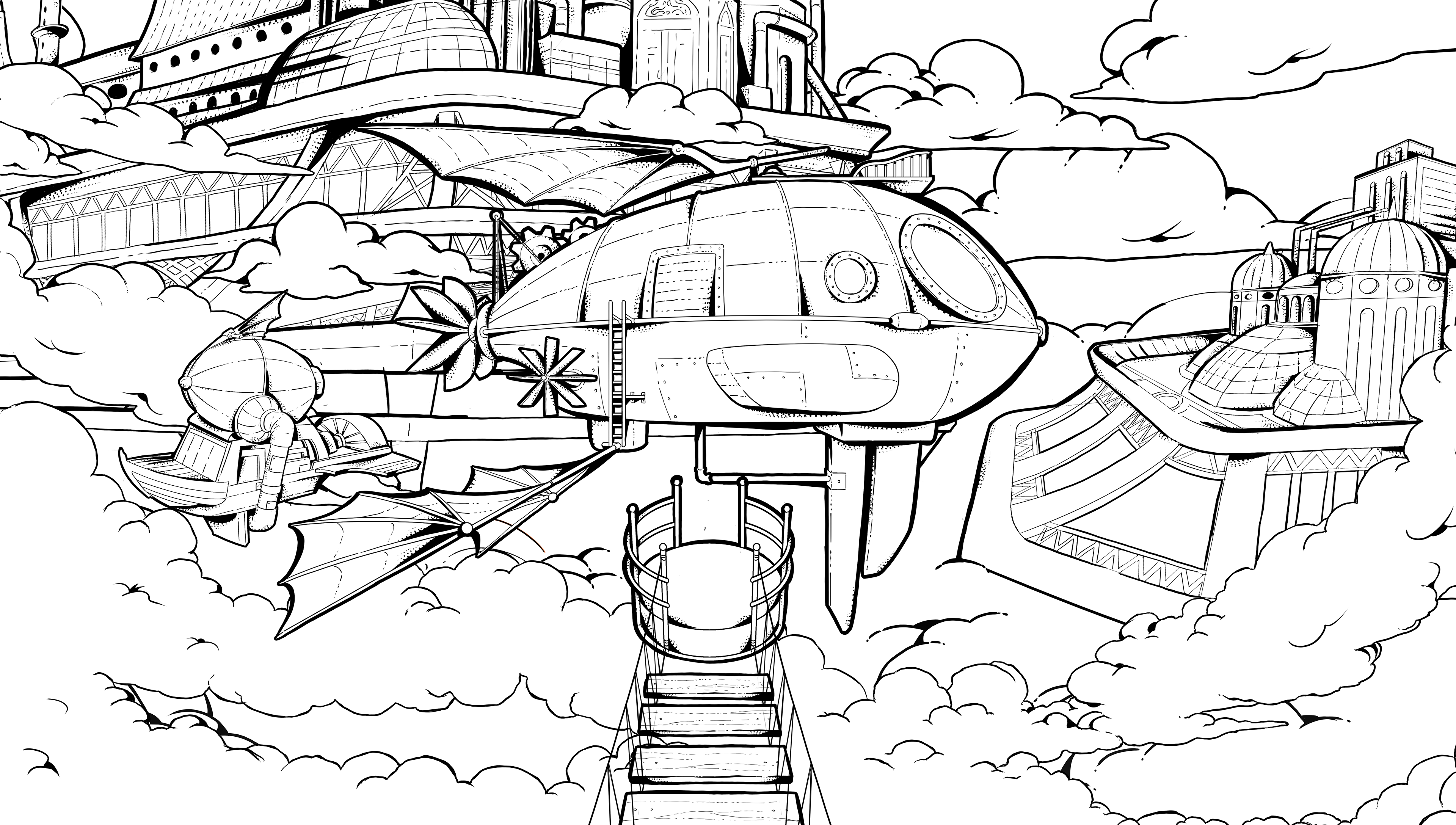 Cloud City inking process. Top Golf (BLIRP Studio & Final Frontier Tv). Inking & shading in Photoshop.