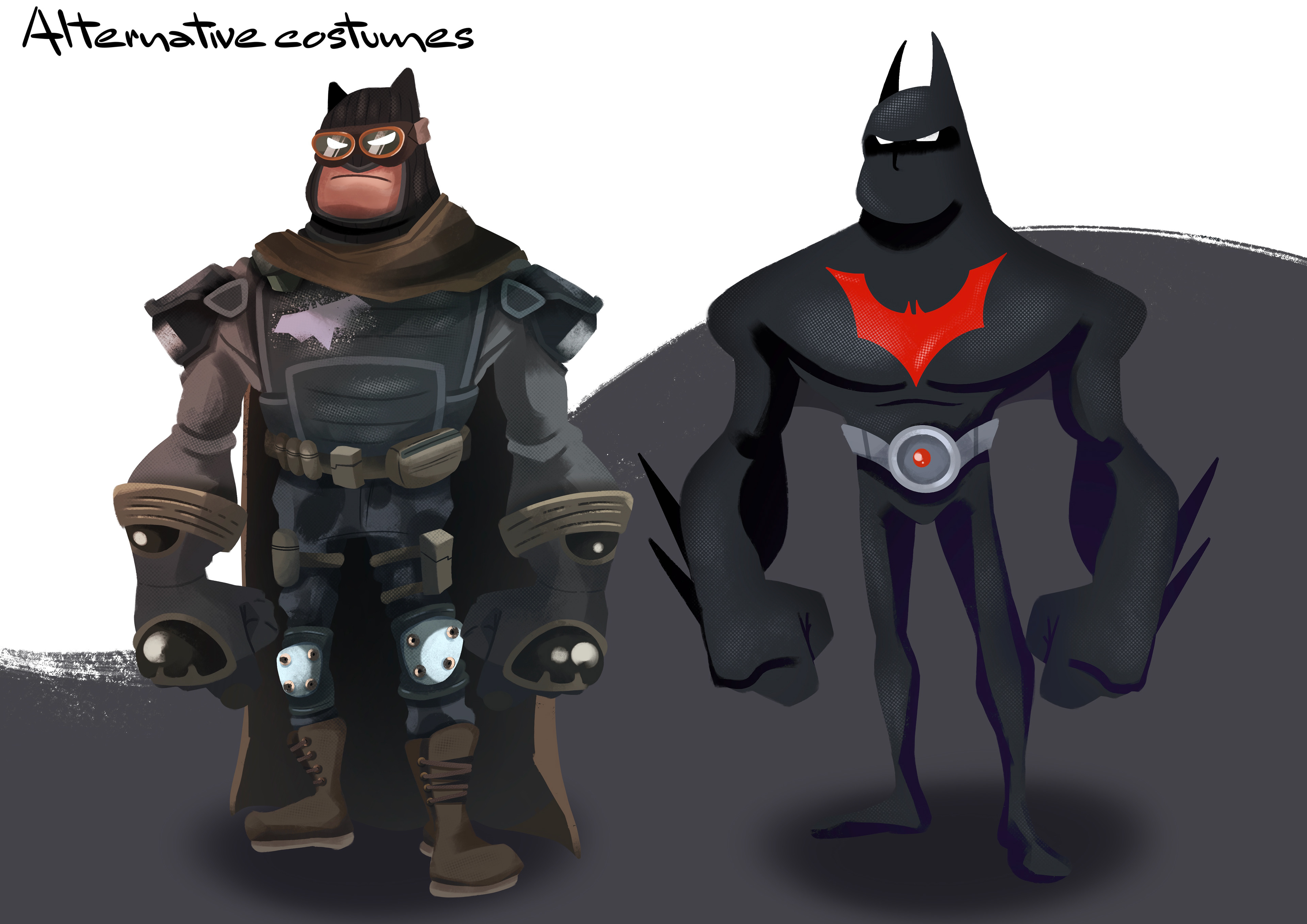 Batman's alternative costumes. Illustrated on Procreate.