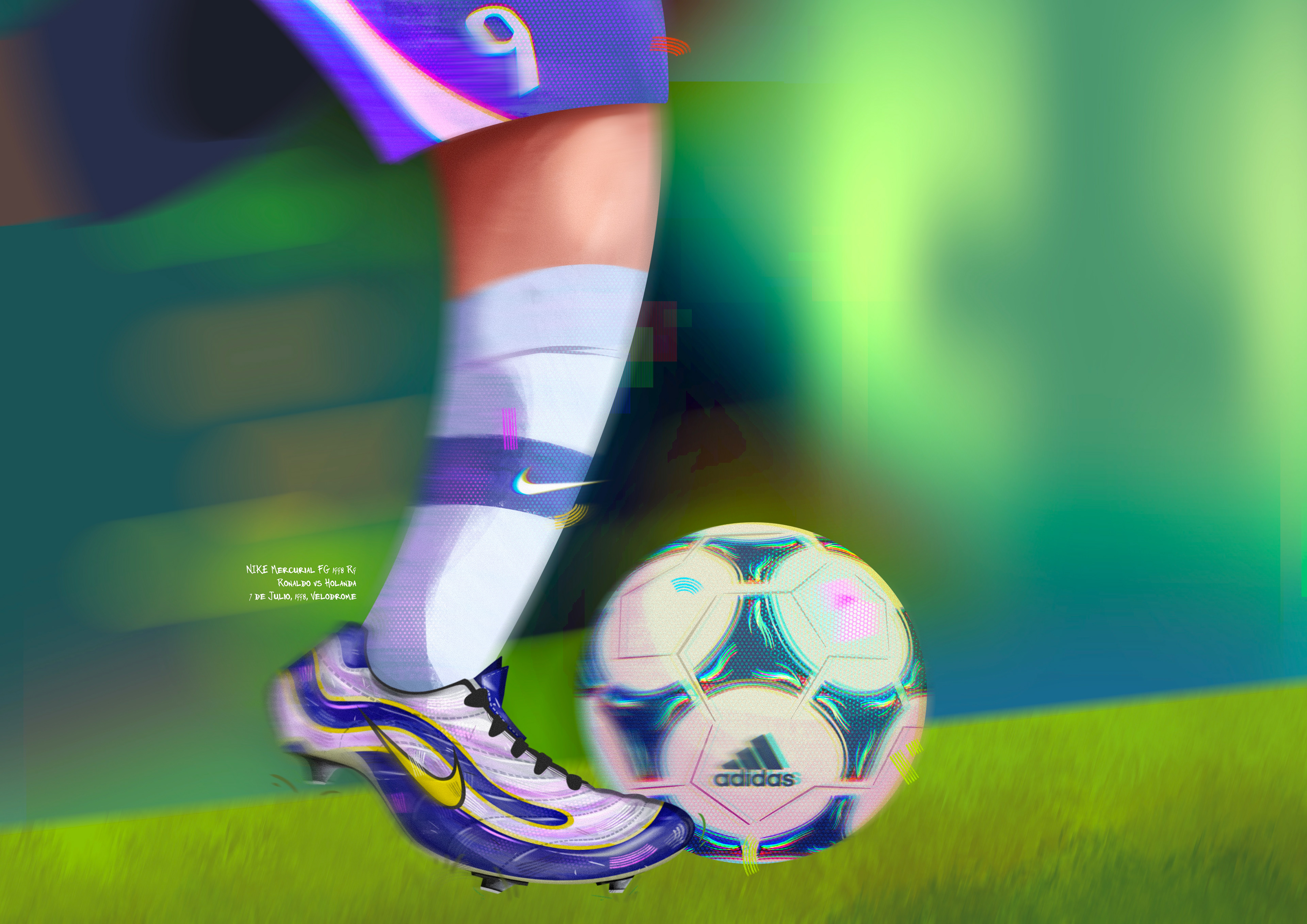 NIKE Mercurial FG 1998 R9. Illustrated on Procreate.