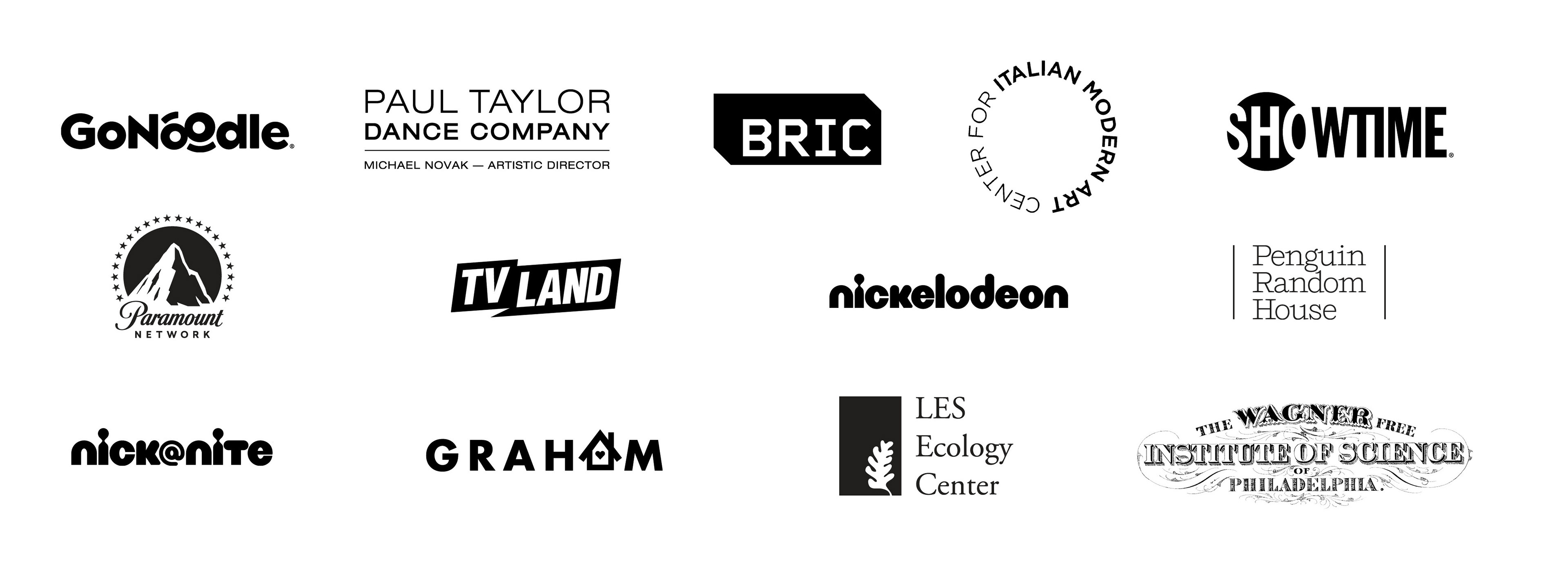 logos for the following companies & orgs: Go Noodle, Paul Taylor Dance Co, BRIC, CIMA, Showtime, Paramount Network, TV Land, Nickelodeon, Penguin Random House, Nick at Nite, Graham Windham, LES Ecology Center, Wagner Free Institute of Science.