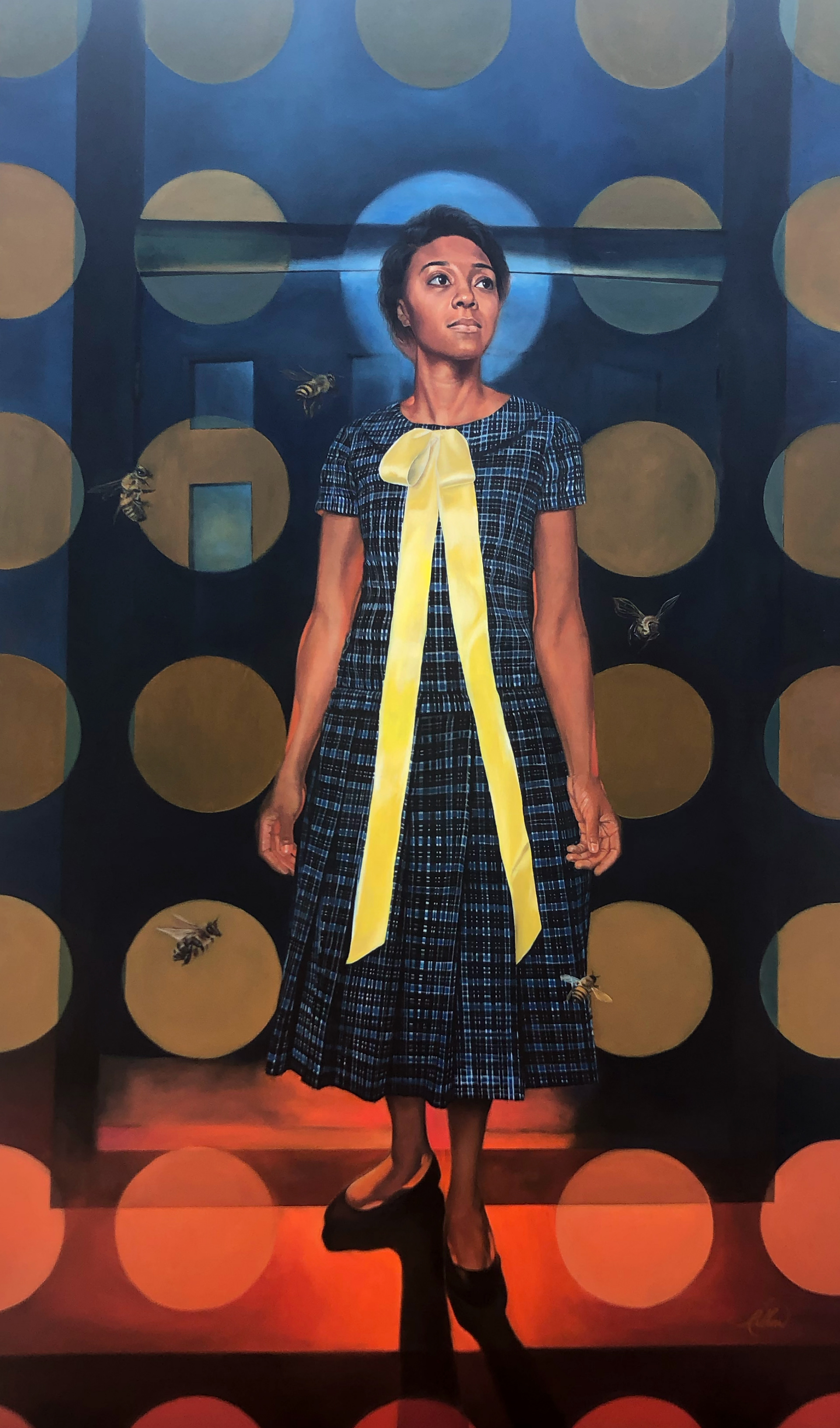 "The Situation - An Allegory of Dorothy Counts Scoggins" This archival print, originally, commissioned by Law Firm Hunter Everage, features a young Dorothy Counts-Scoggins at the end of her first day of school at Harding High and the integration of CMS in 1957. The painting speaks about courage, family, triumph, belief, pride, and vision. The original is oil on aluminum, measures 36 x 60 inches, and is currently hanging in the lobby of Hunter Everage in Charlotte, NC.