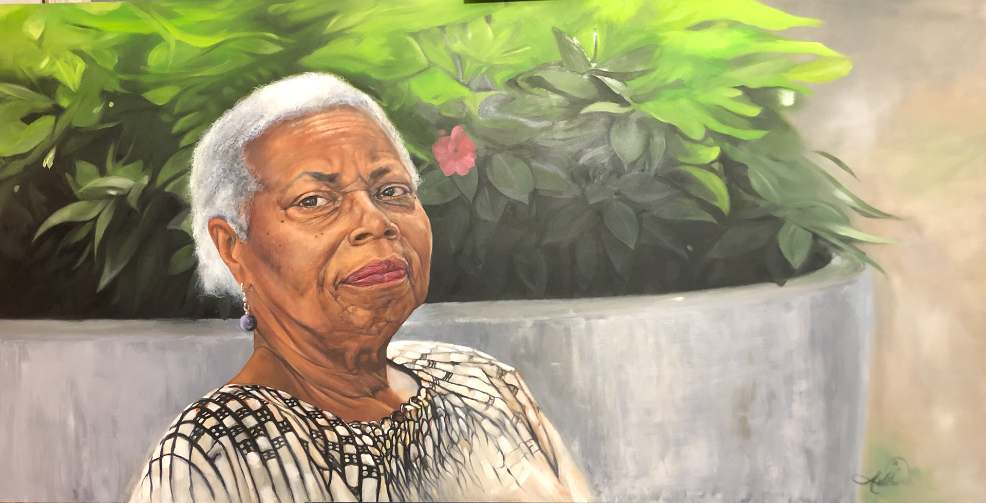 Nellie Ashford is a Charlotte Folk Collage Artist who began her career late in life as a way to connect with her grandson. Considered a Charlotte treasure, and a personal friend. The reference image for this painting was candidly captured during a gathering of Charlotte artists during the "A Great Day in Charlotte" photoshoot by Joanne Rogers on the steps of the Mint Museum Uptown. The original is oil on Aluminum and measures 48 x 24 inches.