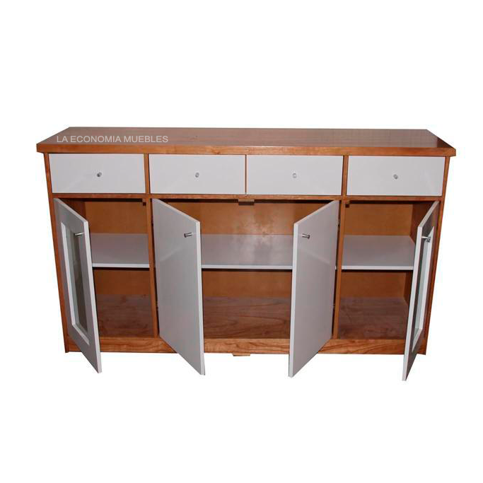 Vajillero  de 1.60m con cuatro puertas y cuatro cajones con guías metálicas en paraíso combinadas con laqueado blanco.