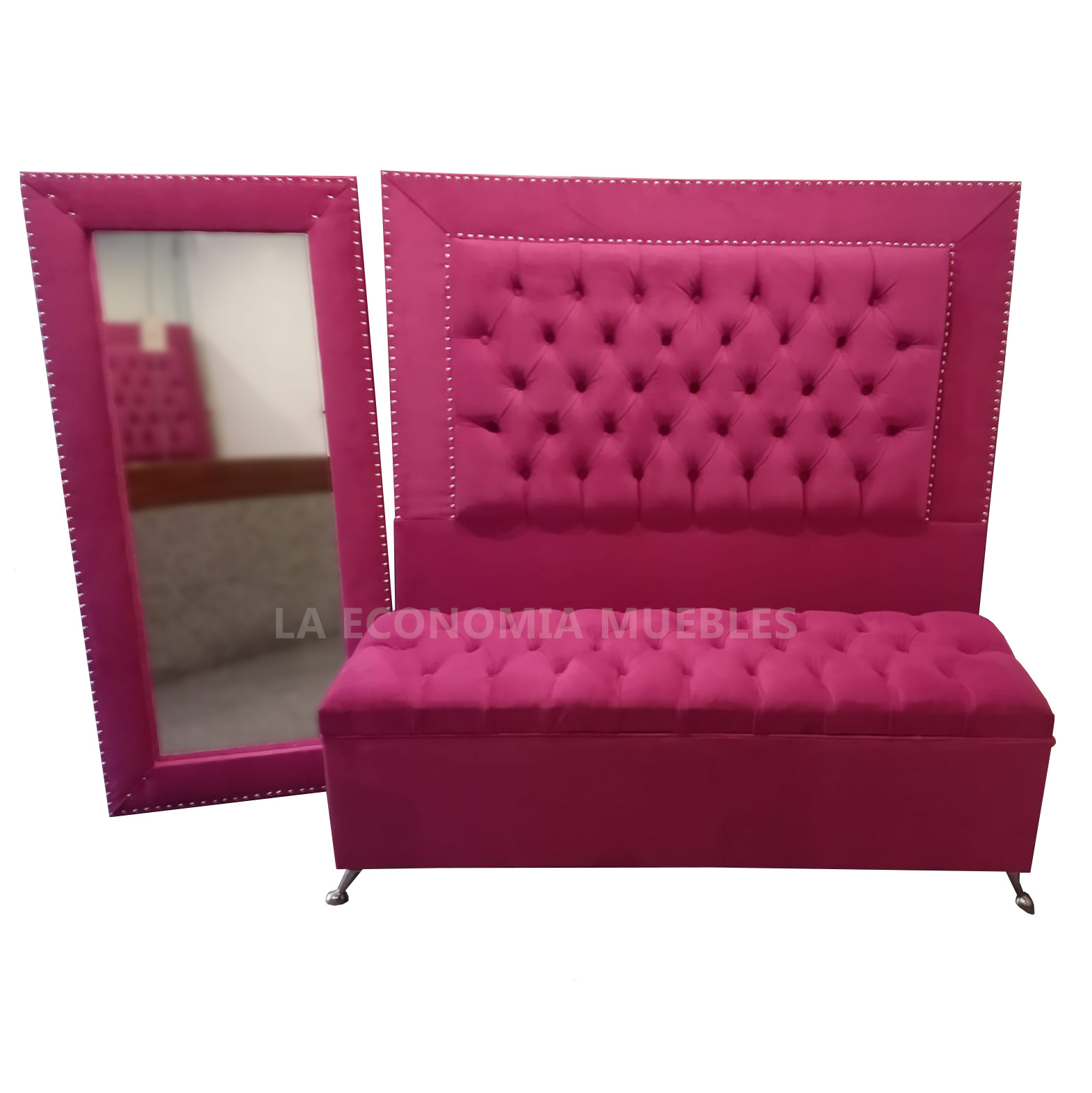 Respaldo para Sommier + baulera + espejo. Tapizado en pana colores a elección.