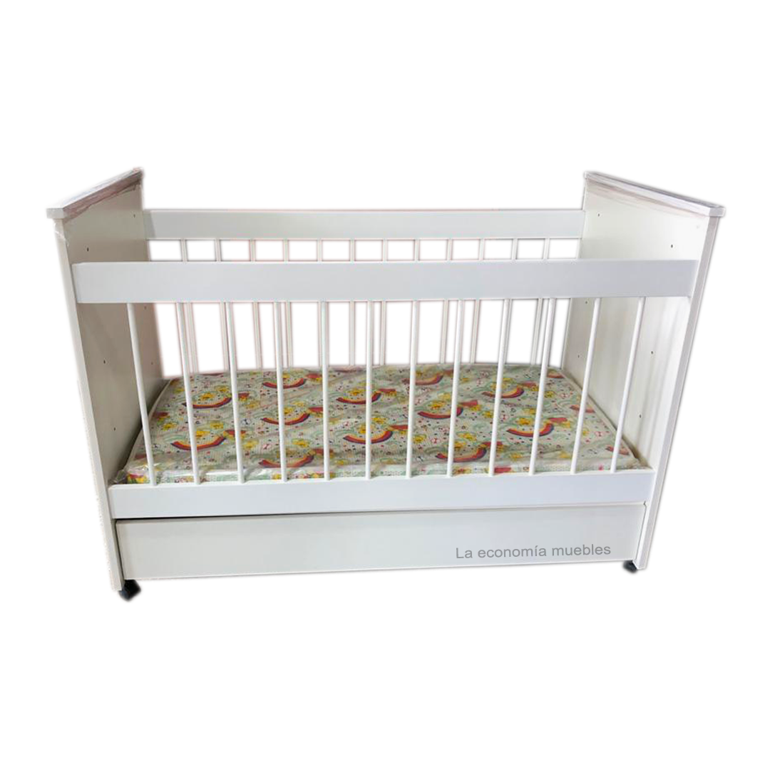 Cuna Charriot de 1.20m x 0.60m con cajón enterizo blanca, convertible en escritorio. (opcional sin cajón).