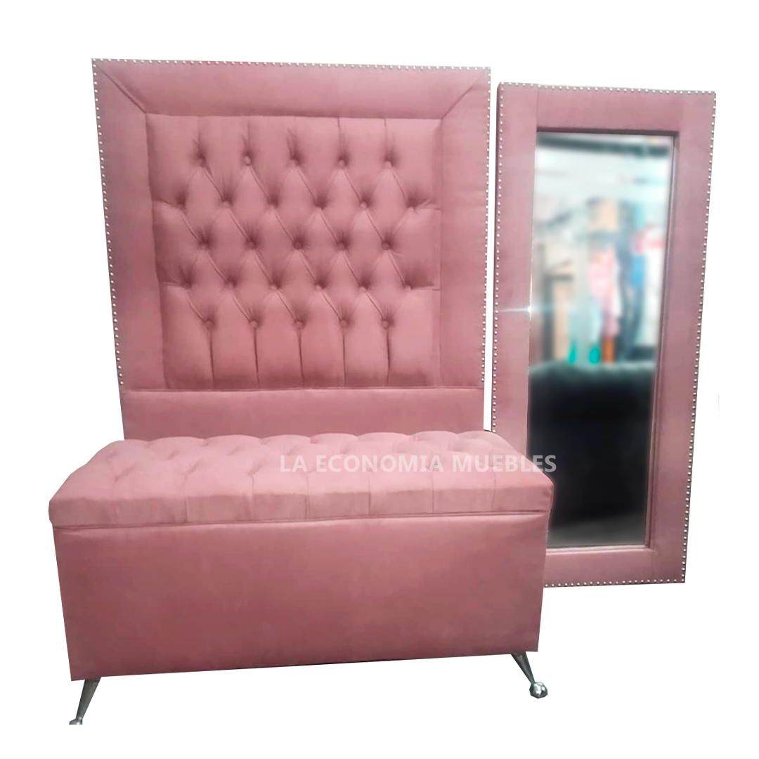 Respaldo para Sommier + baulera + espejo. Tapizado en pana colores a elección.
