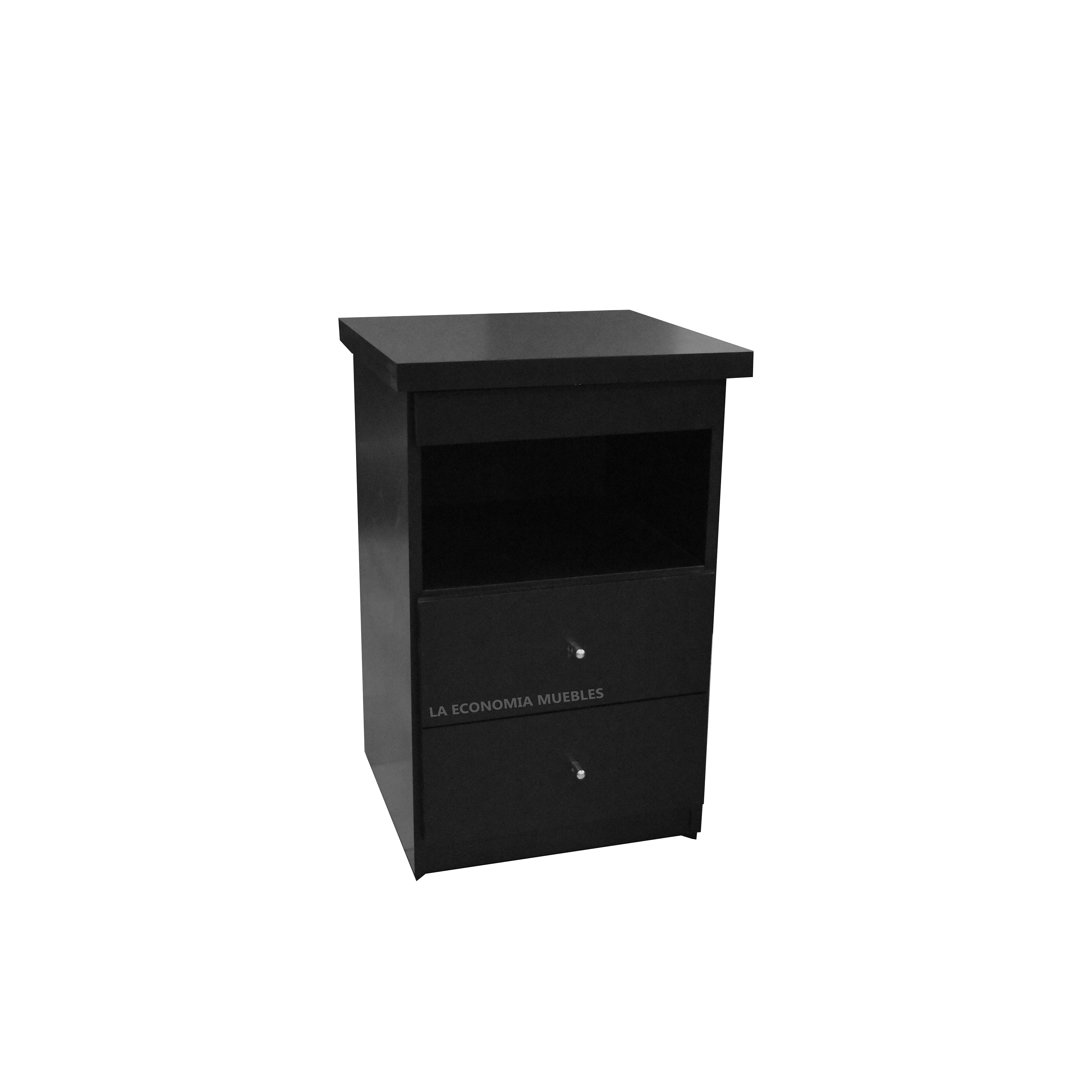 Mesa de luz con dos cajones y desayunador, con guías metálicas. Laqueadas negro o blanco.