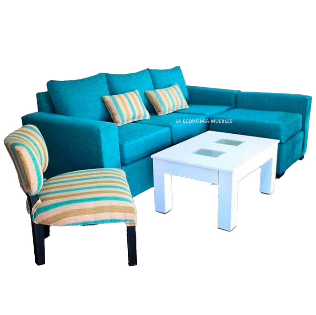 Sillón Esquinero con camastro  desmontable, tapizado colores a elección. Mesa ratona laqueada blanco ó negro, con vidrios esmerilados.