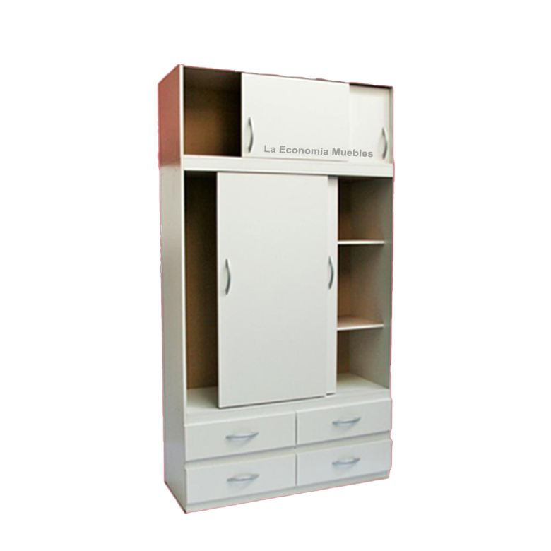 Placard de 1.20m x 2.20m, con dos puertas corredisas, estantes, espacio para colgar, cuatro cajones, alzada desmontable. Colores blanco, wengué, mogno, roble.