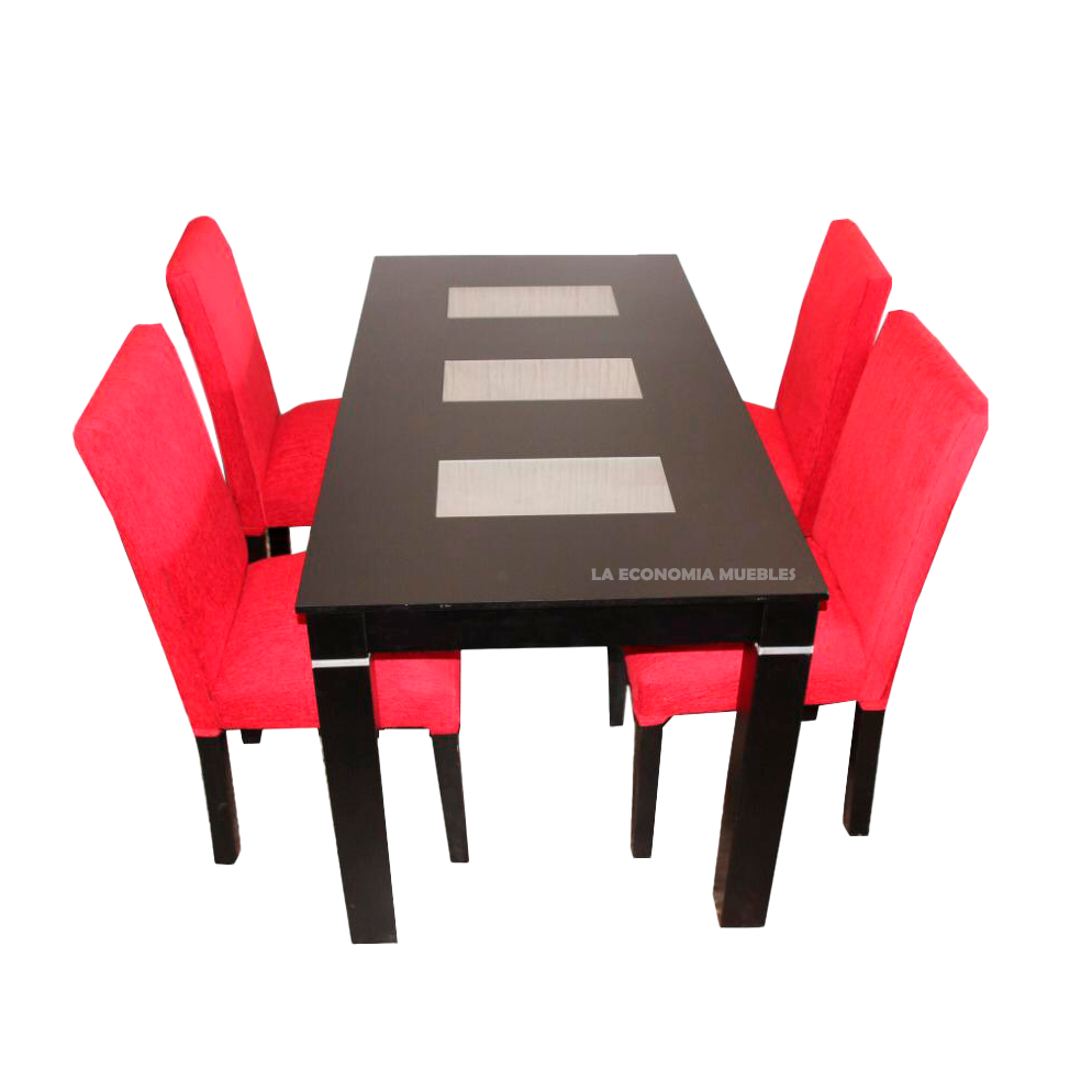 Mesa (1.60m x 0.80m) wengué negro con tres vidrios esmerilados con 4 o 6 sillas en eco-cuero (colores a elección).