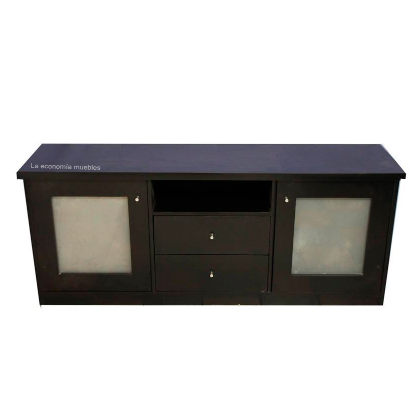 Rack de 1.60m en wengué negro con dos puertas con vidrios esmerilados y cajón con corredera mecánica.