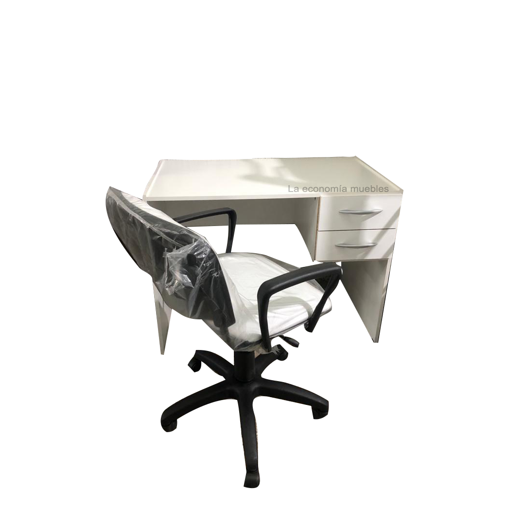 Escritorio de 1.20m x 0.60m, con dos cajones. Colores: blanco, wengué mogno y roble.