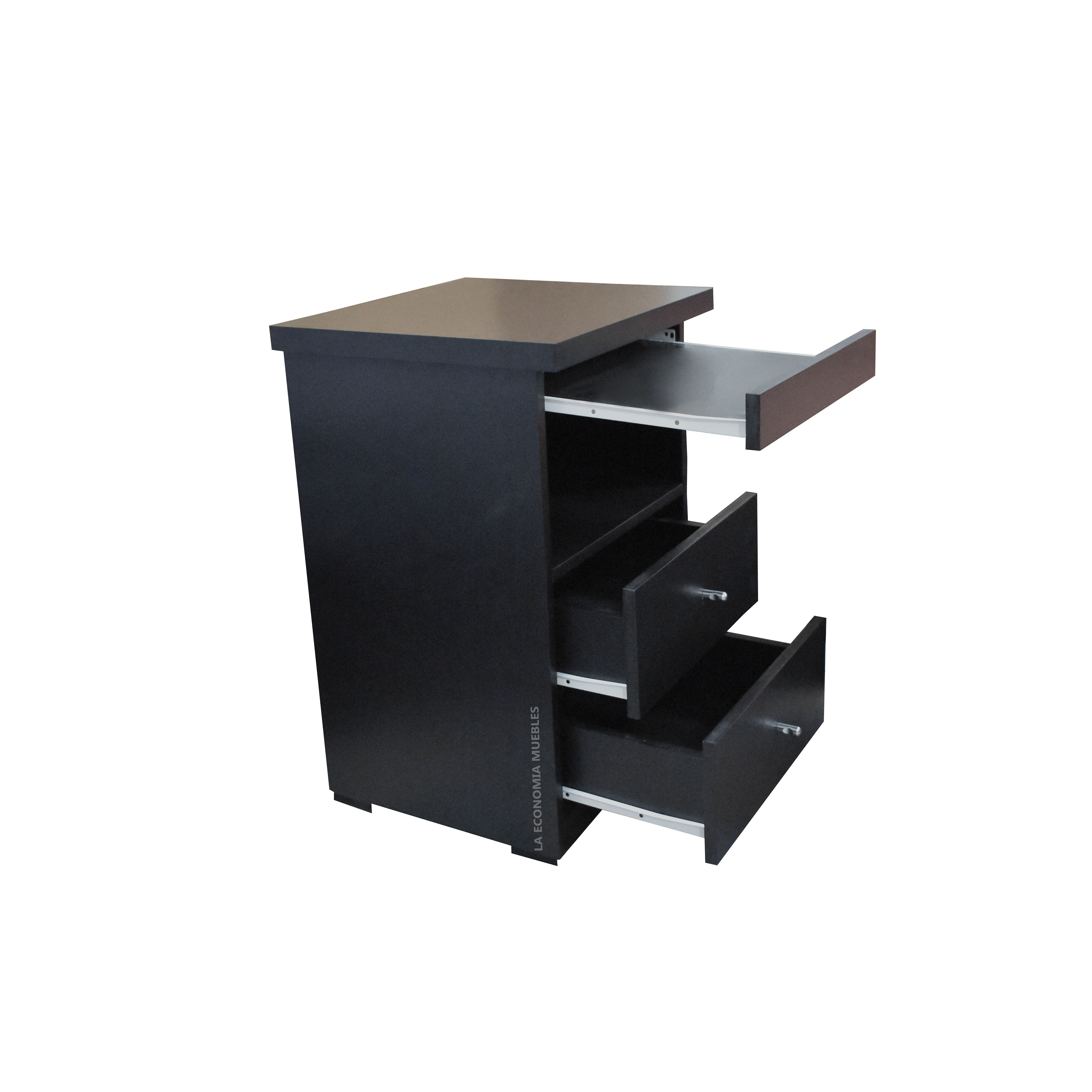 Mesa de luz con dos cajones y desayunador, con guías metálicas. Laqueadas negro o blanco.